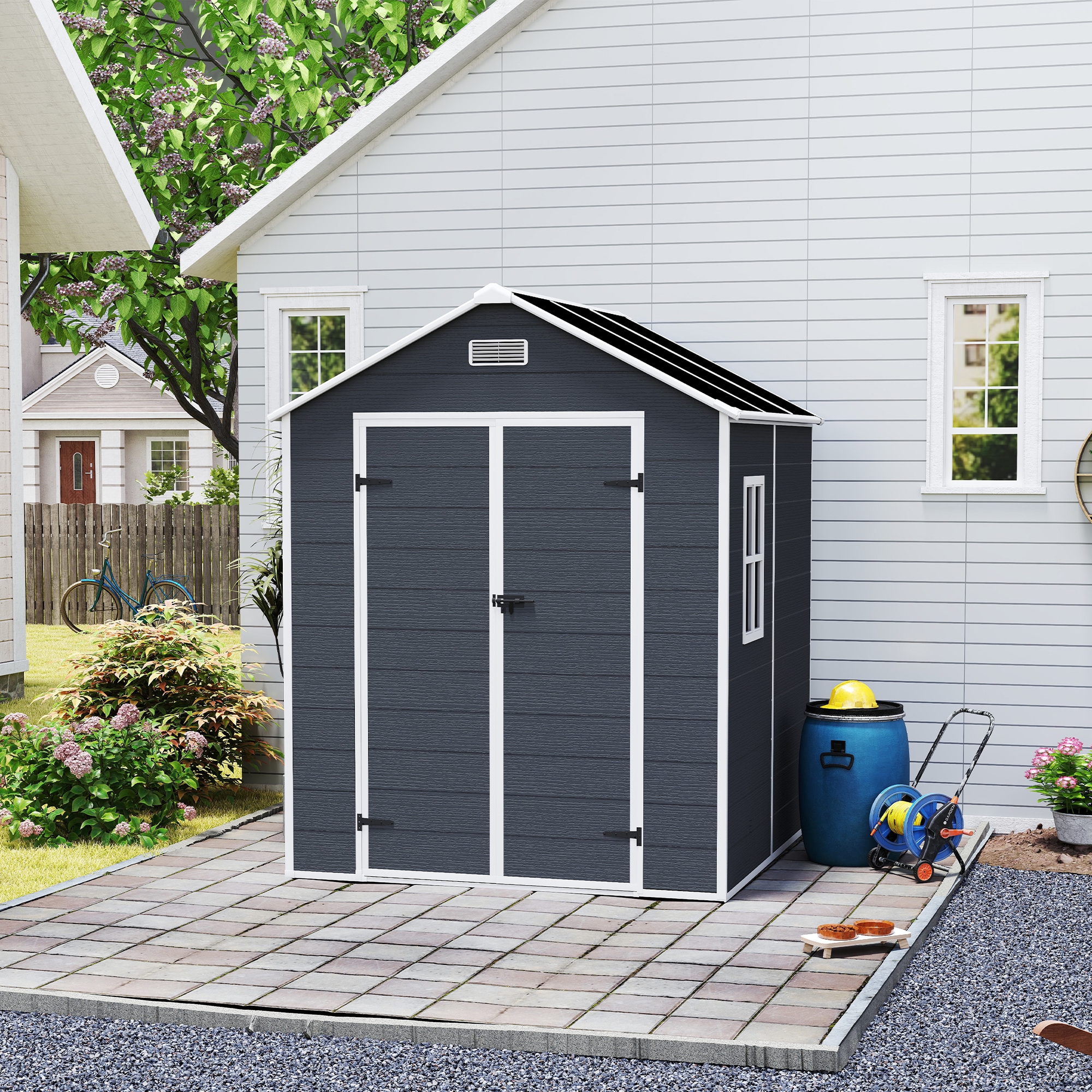 Tatayosi T1598S00026 Campcraft 6 x 6ft resin storage shed high quality pp material strong structure waterproof rust and UV proof large storage space 12mm thick pp board HD window lighting Dark gray