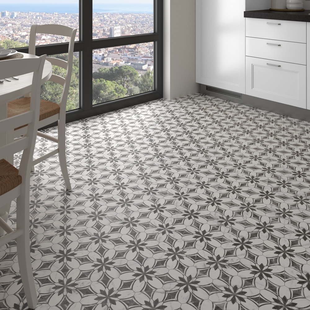 Classico Bardiglio Hex Floral 7" x 8" Porcelain Patterned Tile