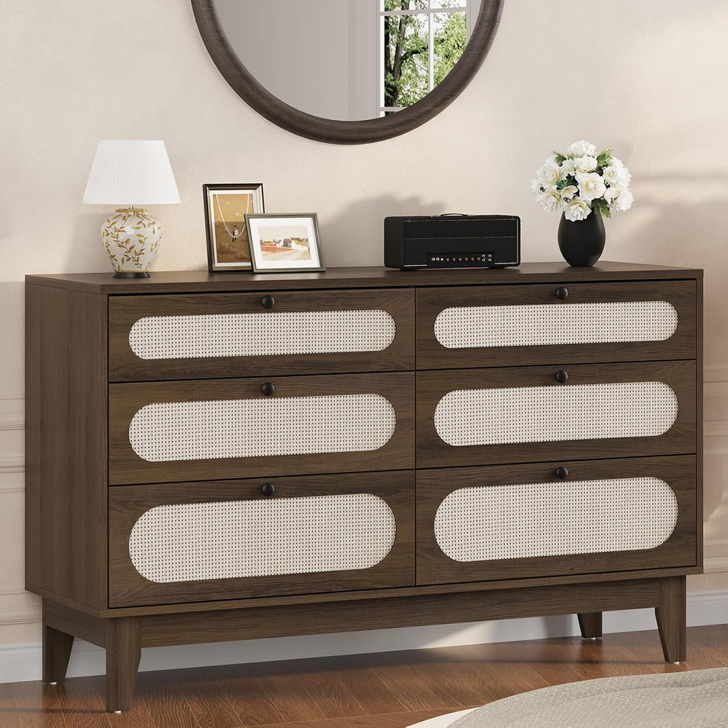 Garvee Rattan Dresser for Bedroom 6 Drawers Dresser for Closet Chests of Drawers Oak Storage Dressers Cabinet for Bedroom Living Room Entryway Hallway Coffee Brown in the Dressers department at