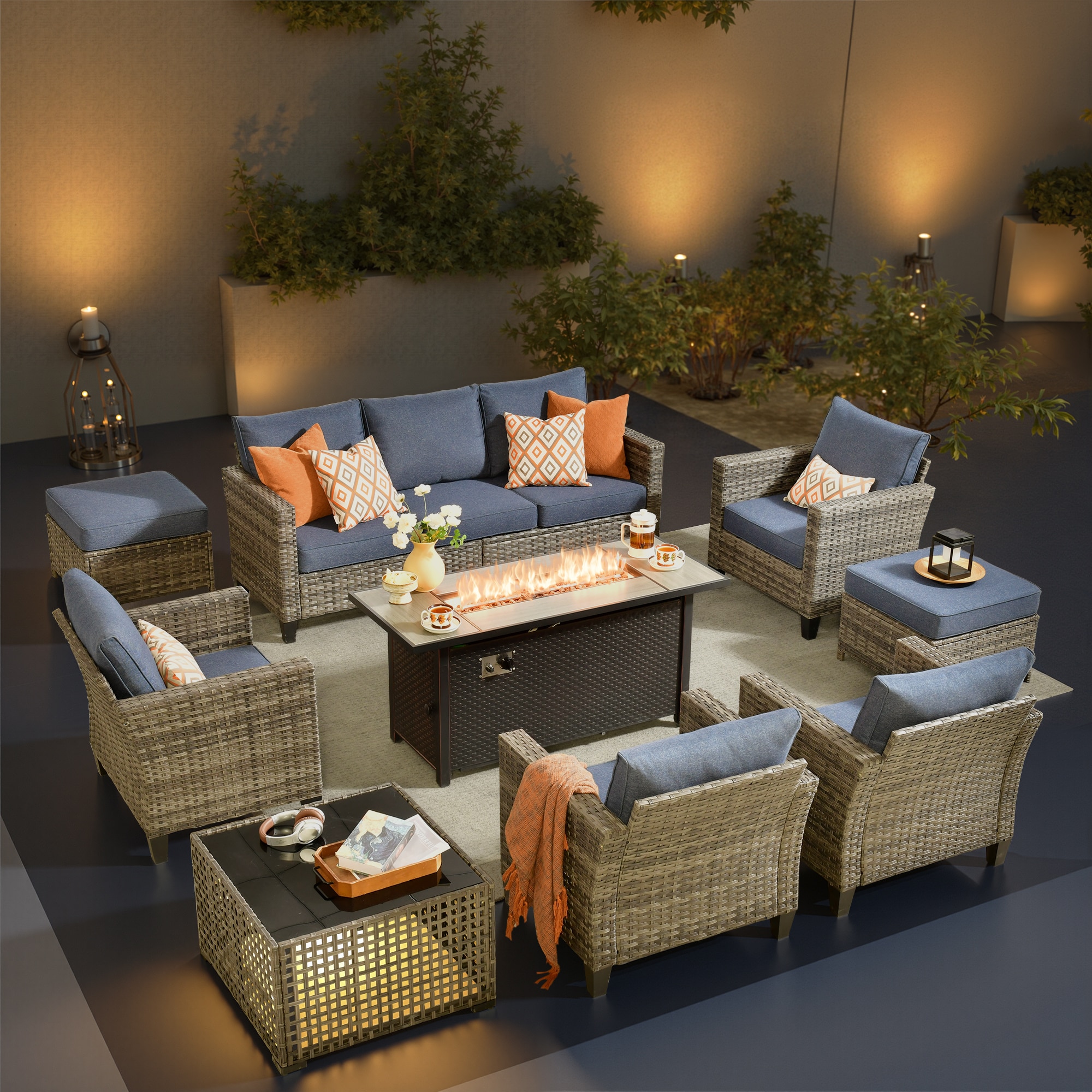 weaxty HMBCFP8503NGRS308S1 Trueno 9 -Piece Wicker Patio Sofa Conversation Set with Blue Cushions