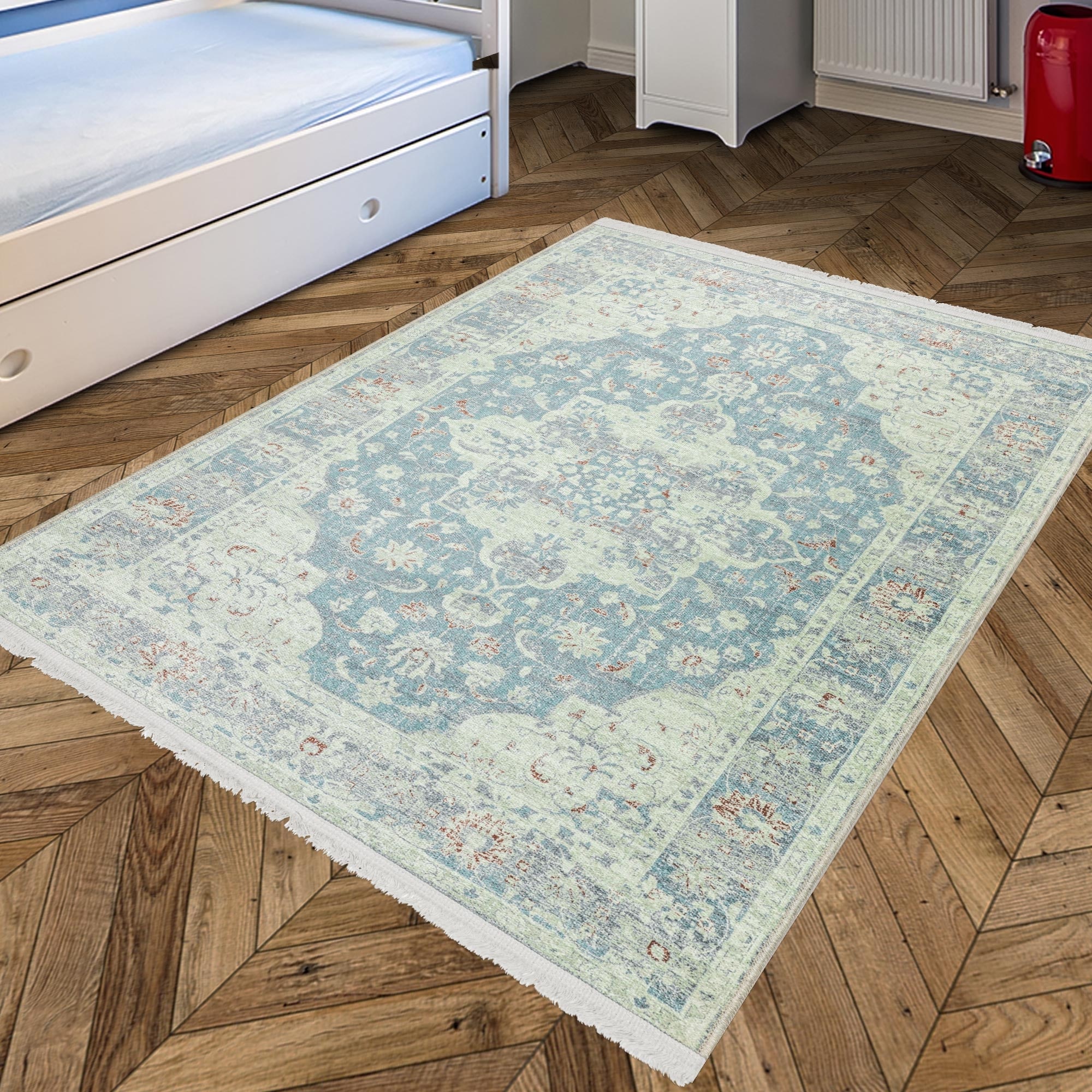Greenish Blue Medallion Flatweave Washable Area Rug 4' x 6'