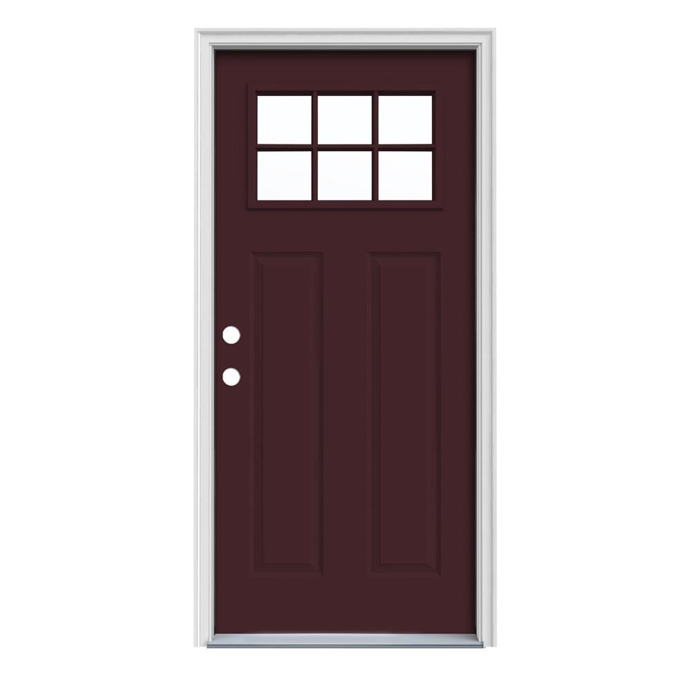 JELD-WEN LOWOLJW182500081 32-in x 80-in x 4-9/16-in Steel Craftsman Right-hand inswing Currant Painted Prehung Front Door with Brickmould Insulating core
