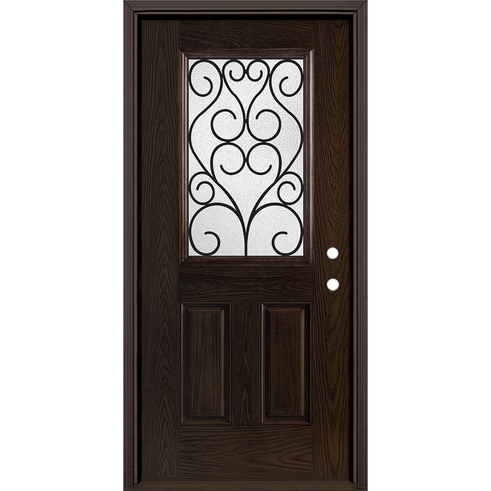 Masonite 3420695 Iron Springs 36-in x 80-in x 4-9/16-in Fiberglass Half lite Left-hand inswing Walnut Stained Prehung Front Door with Brickmould Insulating core
