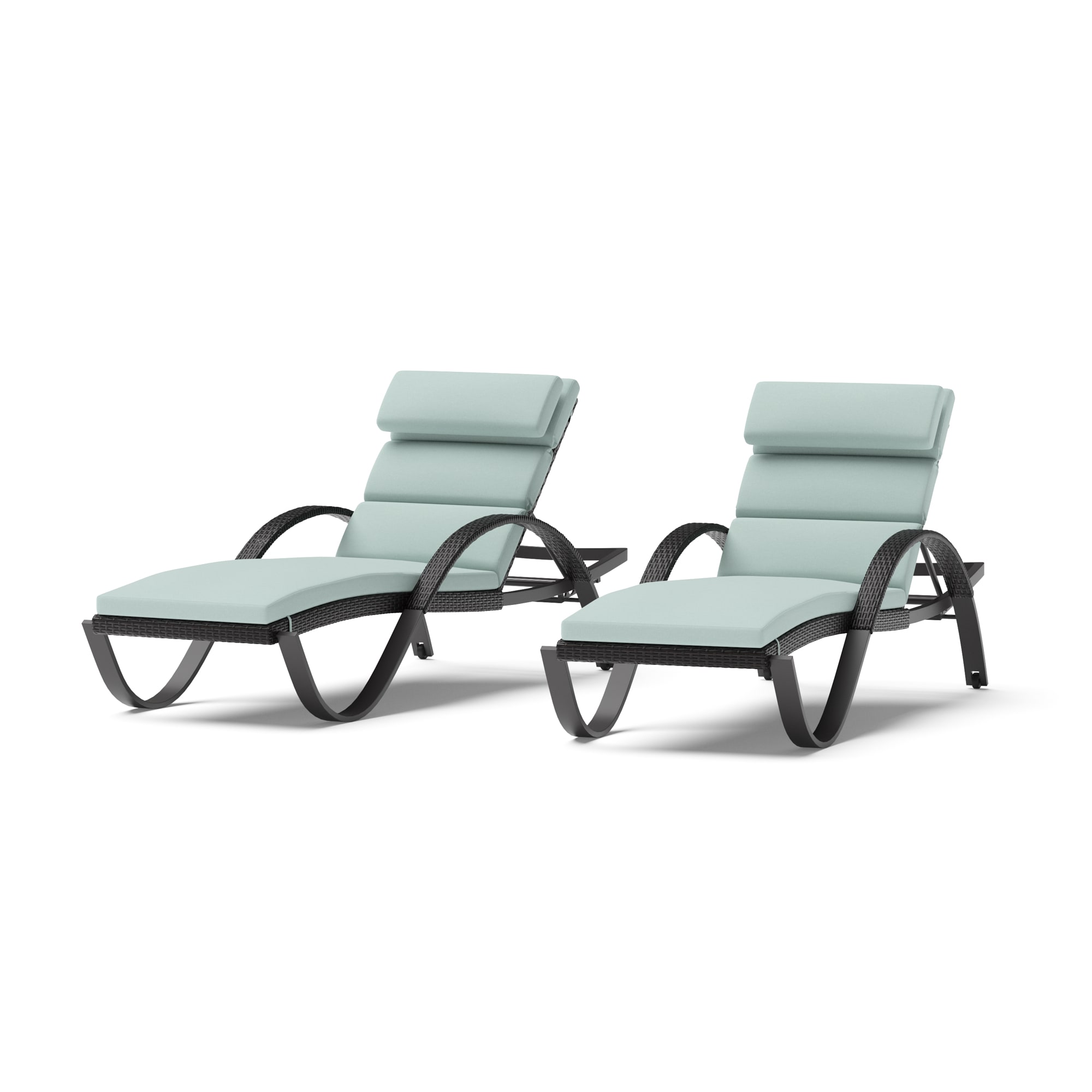 RST Brands OP-PEAL-DEC-2E-SPA-K Deco Set of 2 Wicker Stackable Espresso Aluminum Frame Stationary Chaise Lounge Chair with Blue Sunbrella Cushioned Seat