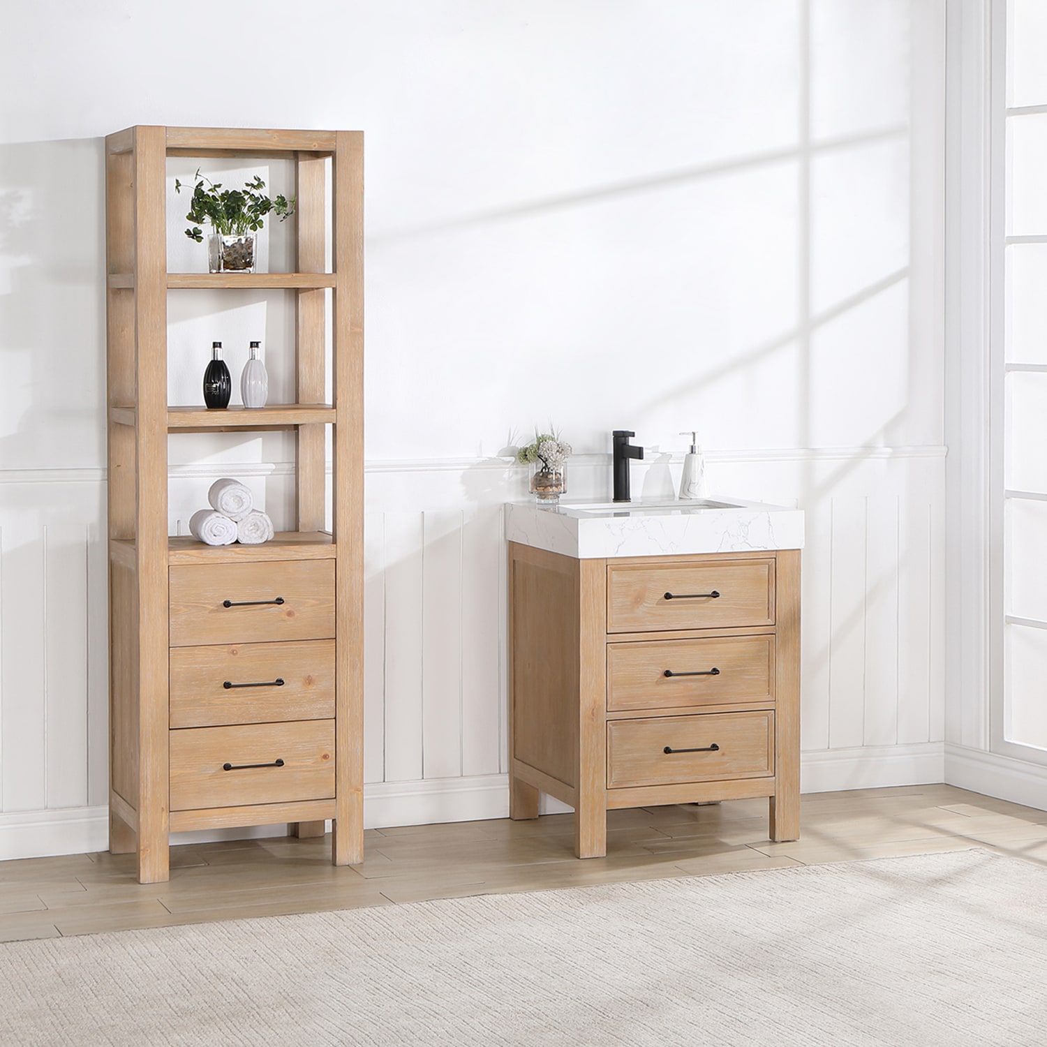 Leon 24" Fir Wood Brown Bathroom Vanity with White Composite Top