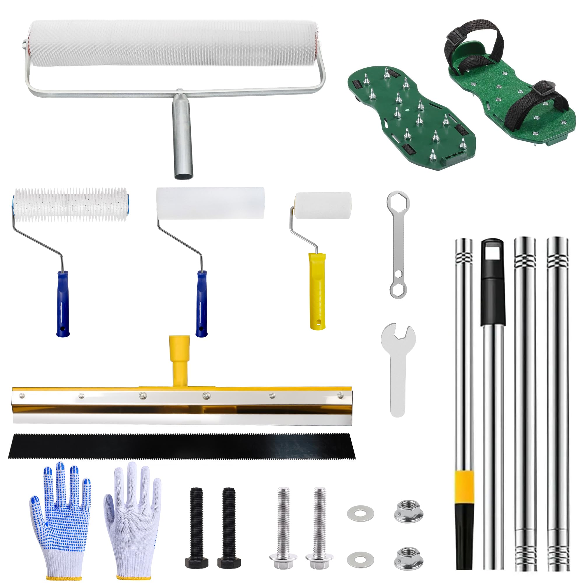 AKSCYZM  Self Leveling Cement Tool Kit with Spiked Roller Extension Pole Paint Roller Epoxy Shoes Spikes for Concrete and Flooring Basic Set