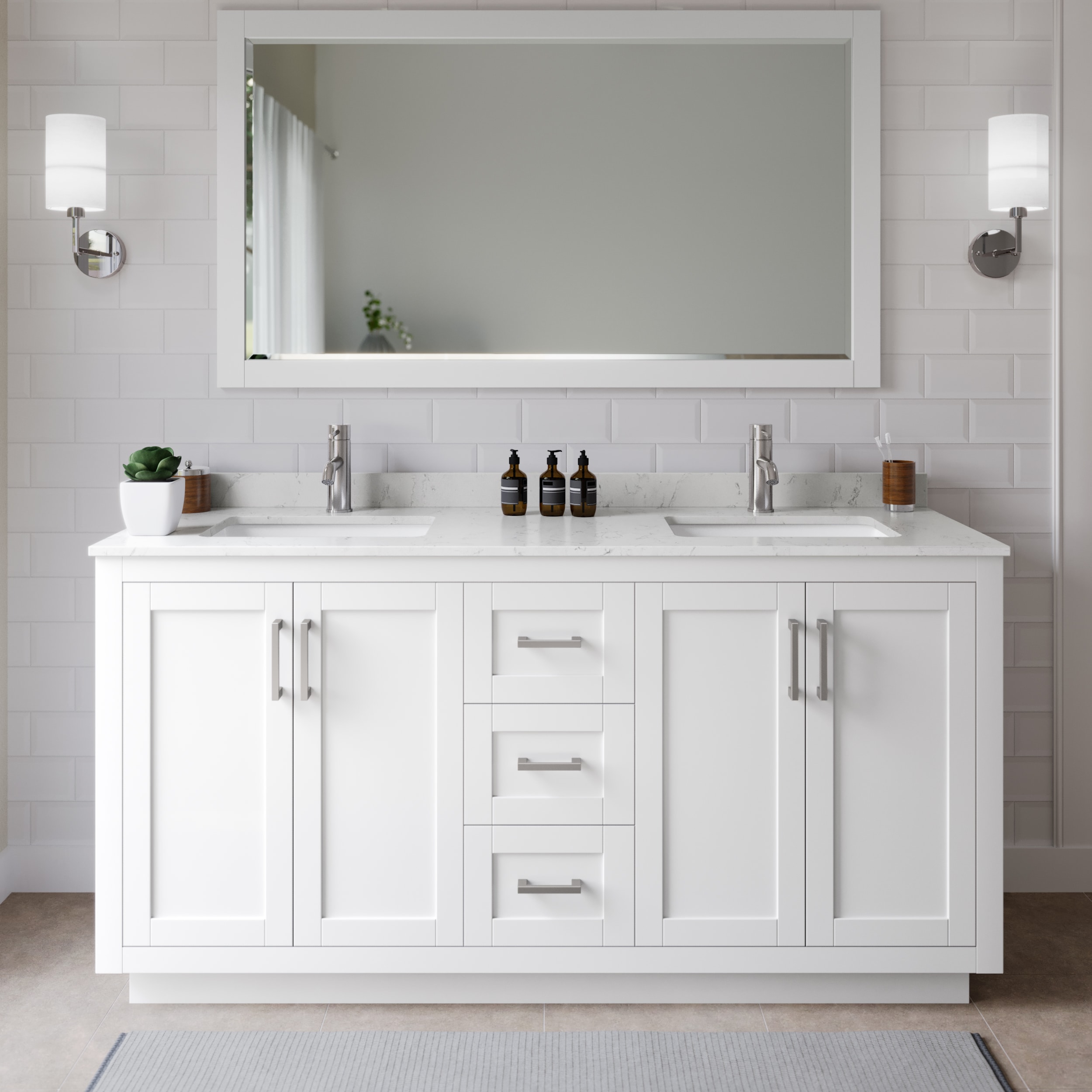 Wyndham Collection WCF292966DWHC2UNSM58 Miranda 66-in White with Brushed Nickel Trim Undermount Double sink Bathroom Vanity with Carrara Cultured Marble Cultured marble Top (Mirror Included)