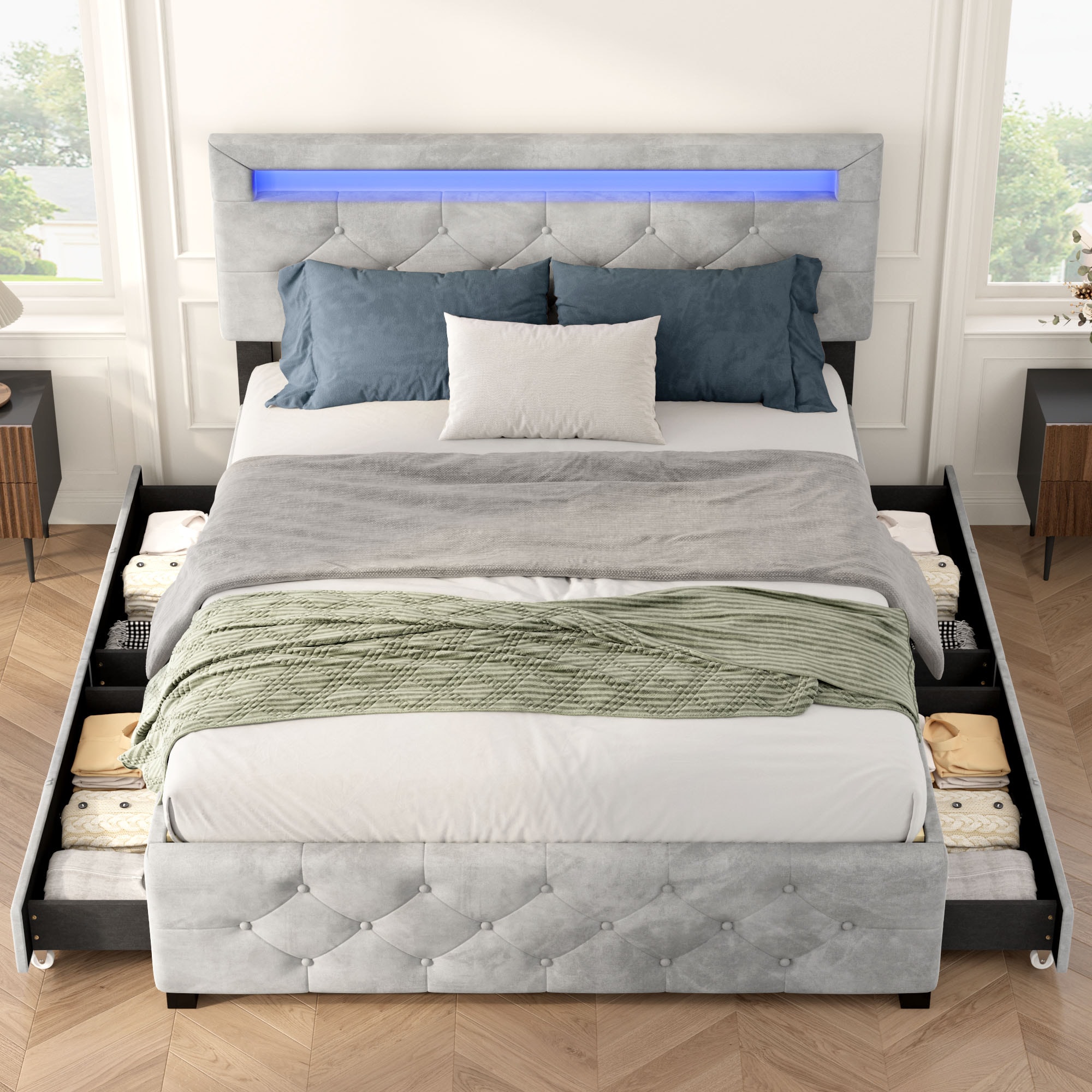 LOVMOR SF-R-W2889P205103 Full Size Upholstered Platform Storage Bed Frame with 4 Drawers and LED LightNo Box Spring Needed