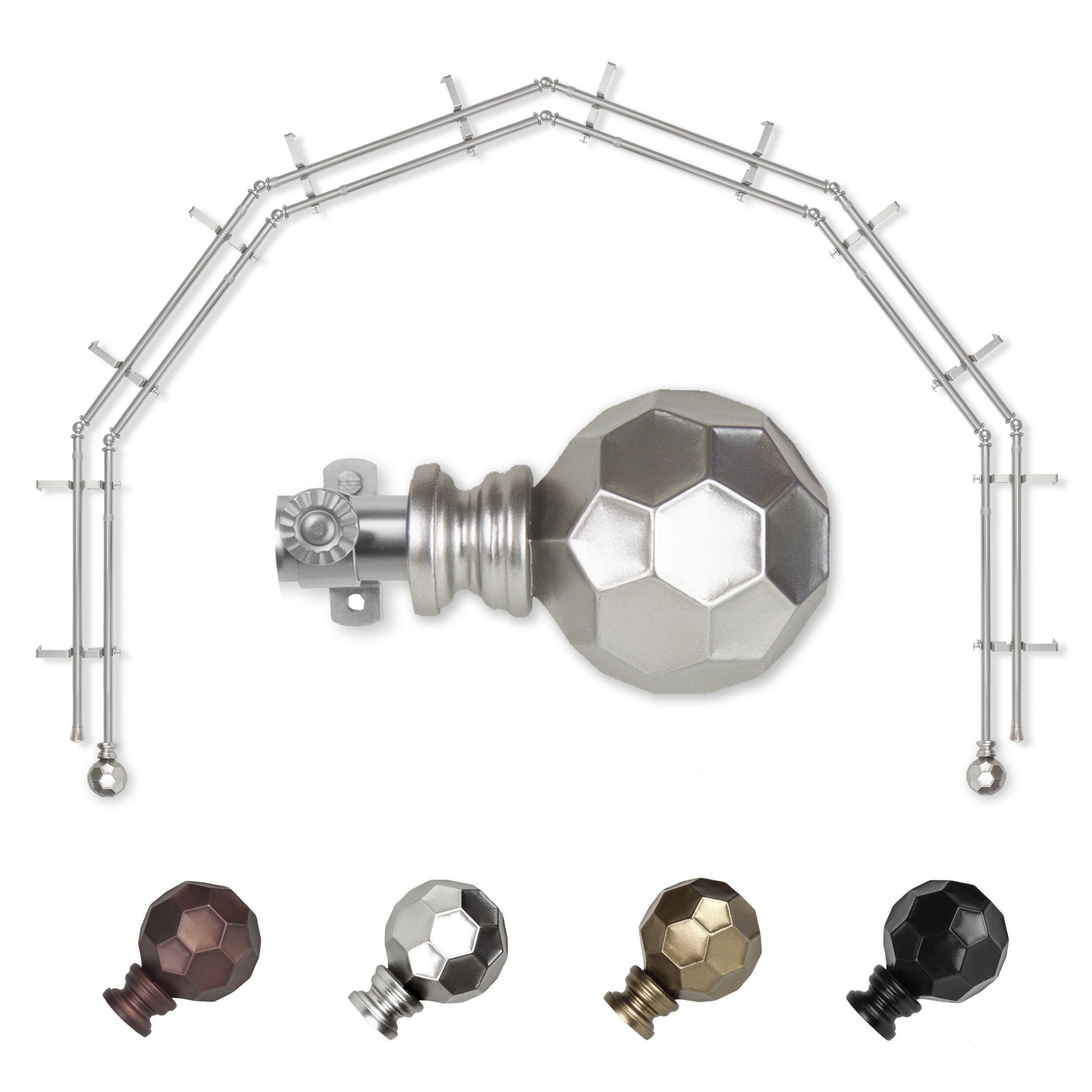 Hart & Harlow L-6BAY-90-5D Massimo 6-Sided Double Bay Satin nickel Steel Bay window curtain rod with Finials