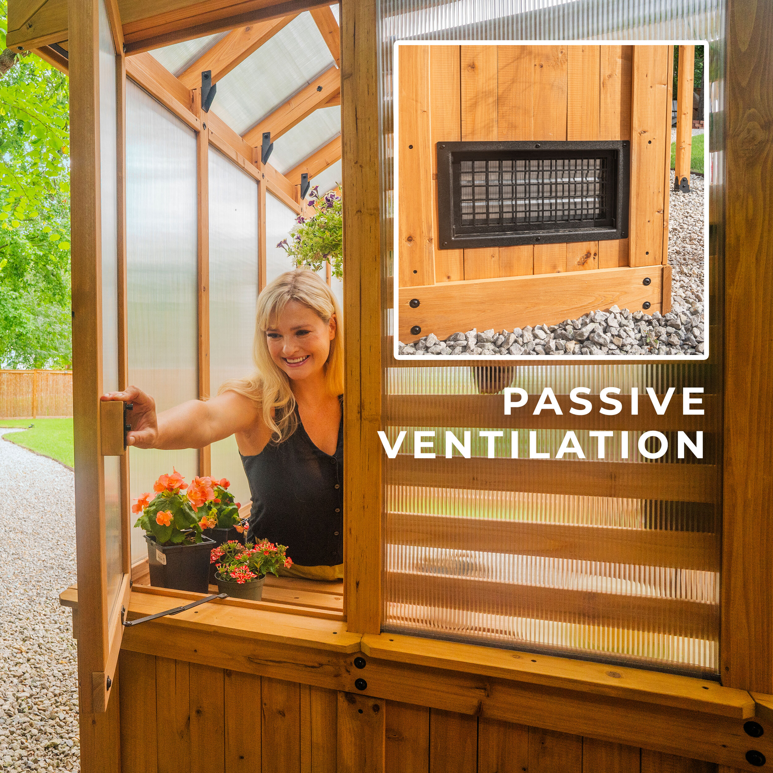 Bellerose Cedar Wood and Polycarbonate Walk-In Greenhouse with Pergola