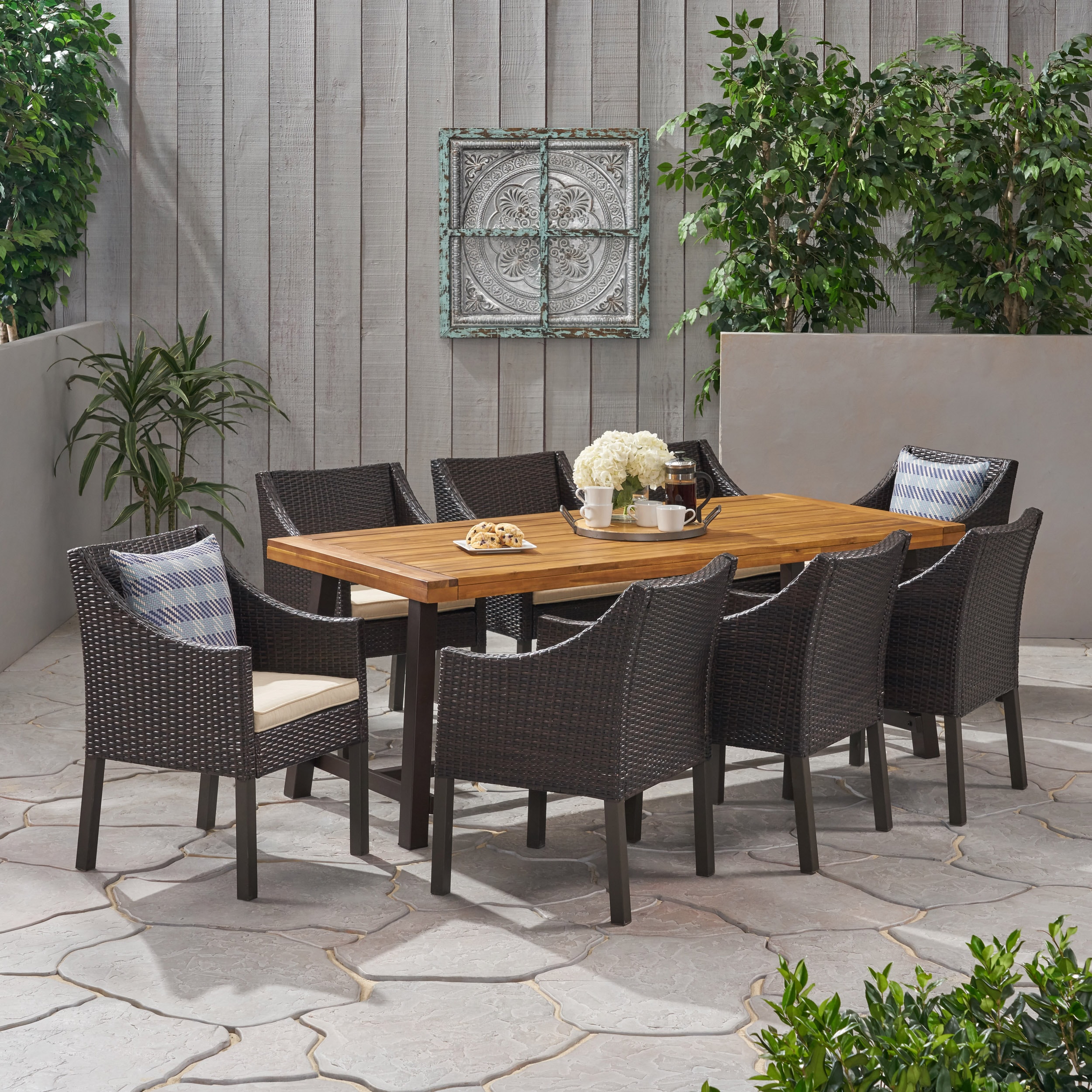 Christopher Knight Home 309638 Coquina Outdoor Wood and Wicker 8 Seater Dining Set Teak and Multibrown