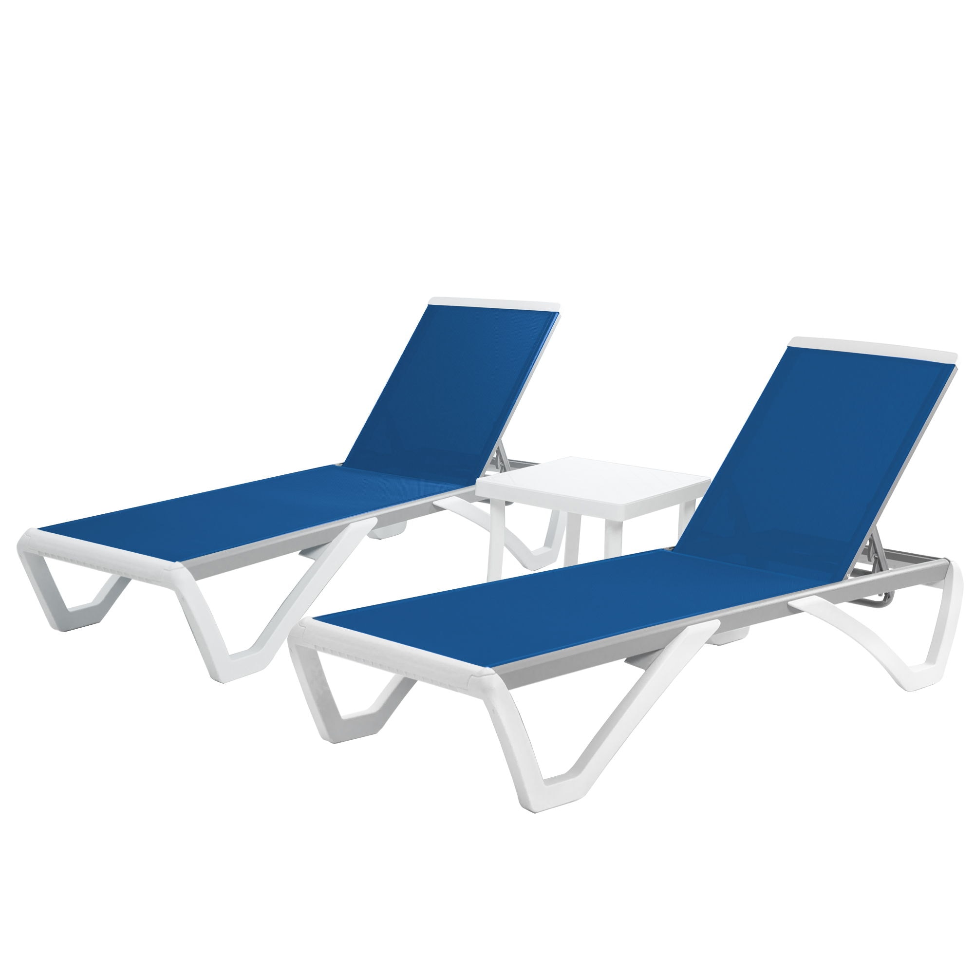 Kozyard KZL511BL2T Alan Chaise Lounge Set of 2 Stackable White Metal Frame Stationary Chaise Lounge Chair with Blue Mesh Seat