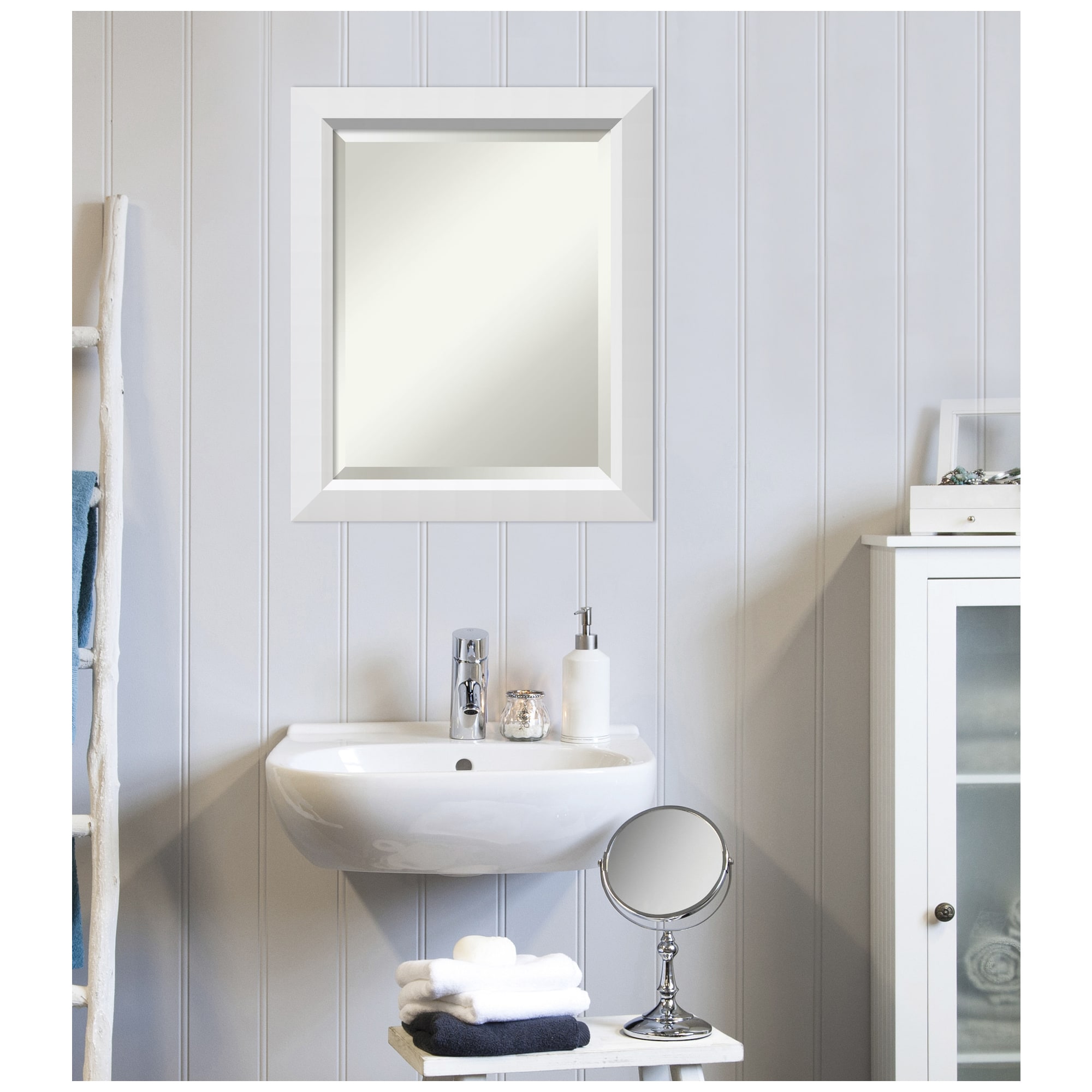Blanco White Beveled Wood Bathroom Wall Mirror