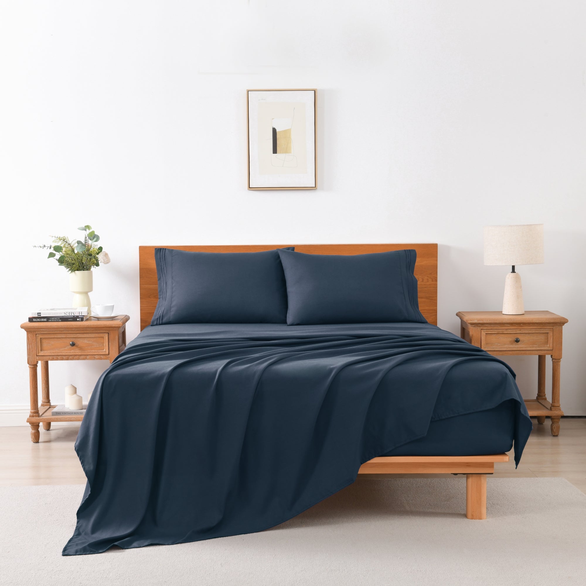 MarCielo S4PCS F NAVY Full Size Soft Polyester Solid 3-Pieces Bed Sheets