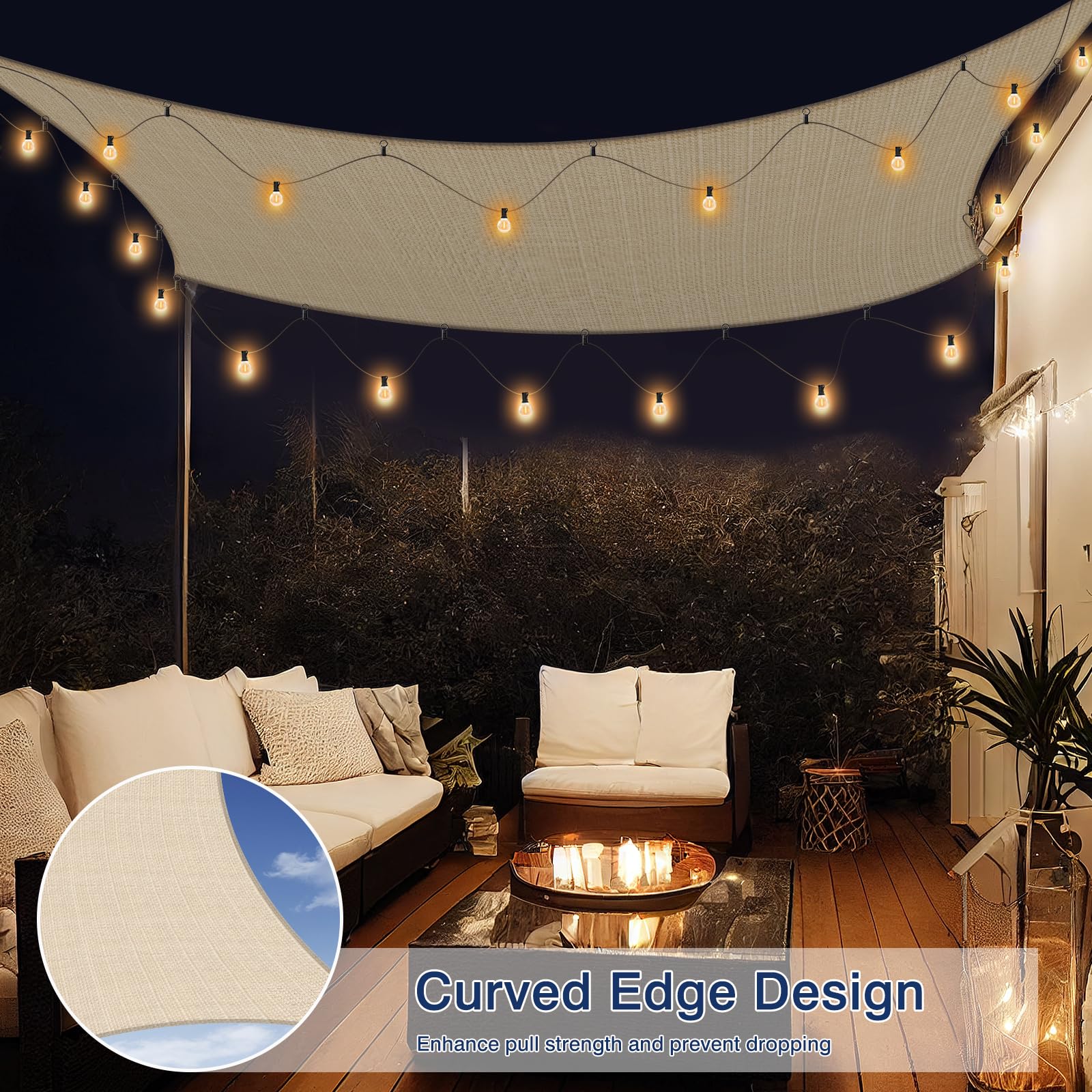 Vrbgify Sun Shade Sail with LED G40 String Lights 8 x 12 Foot Rectangle ...