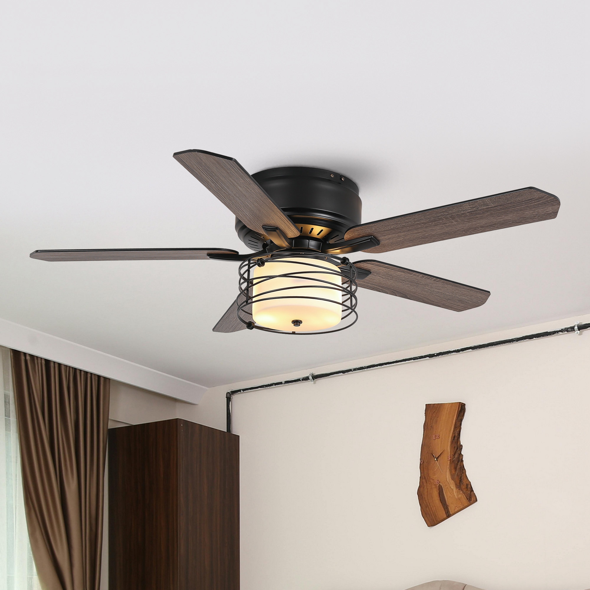 Parrot Uncle F6356110V 48-in Flush Mount Matte Black with Brown Blades Ceiling Fan Light Kit Compatible - Remote Included ( 5 -Blade )