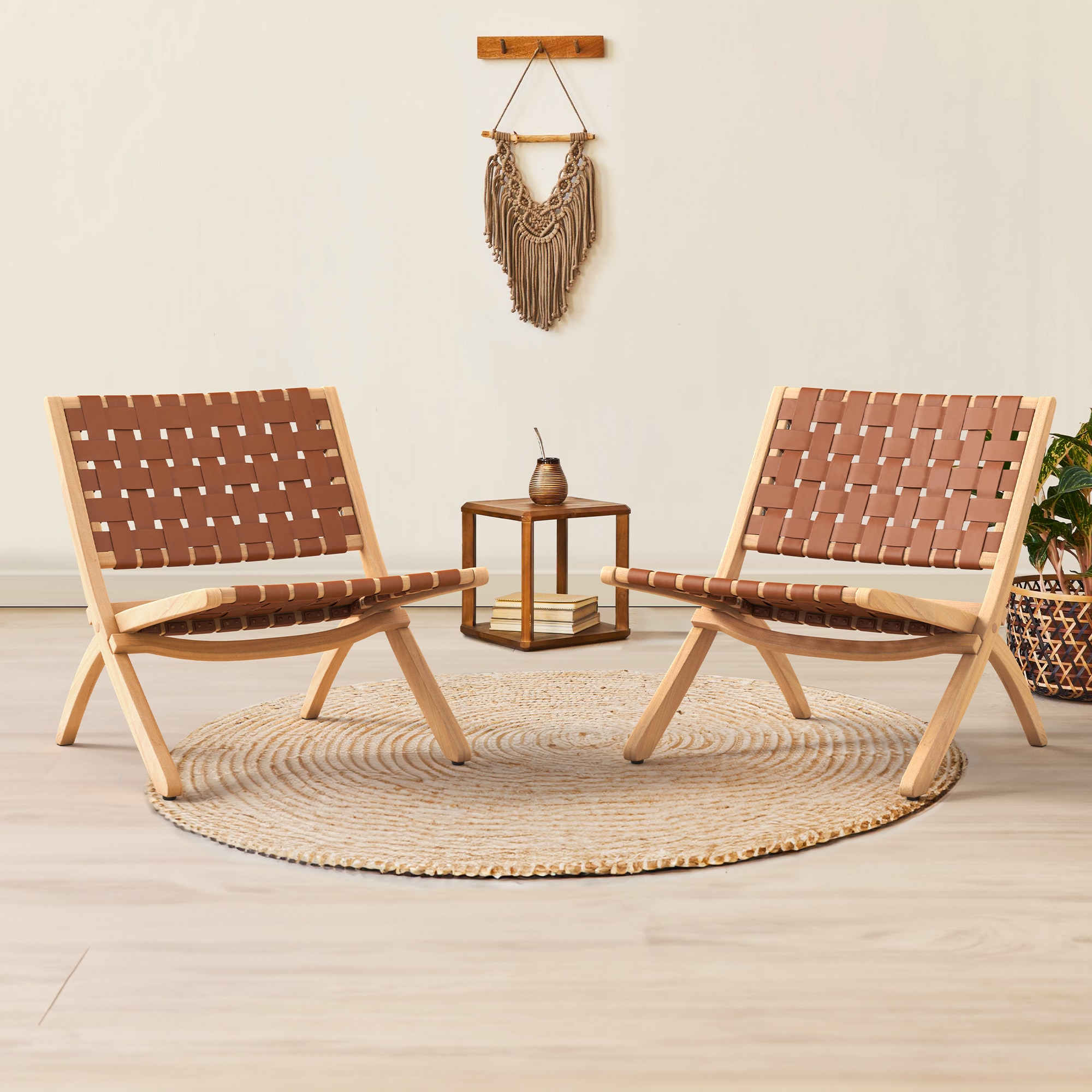 LUE BONA 2LB21CH0019-100LS 2 -Pack Cognac Leather and Natural Wood Residential Standard Folding Chair with Woven Seat ( Indoor or outdoor )