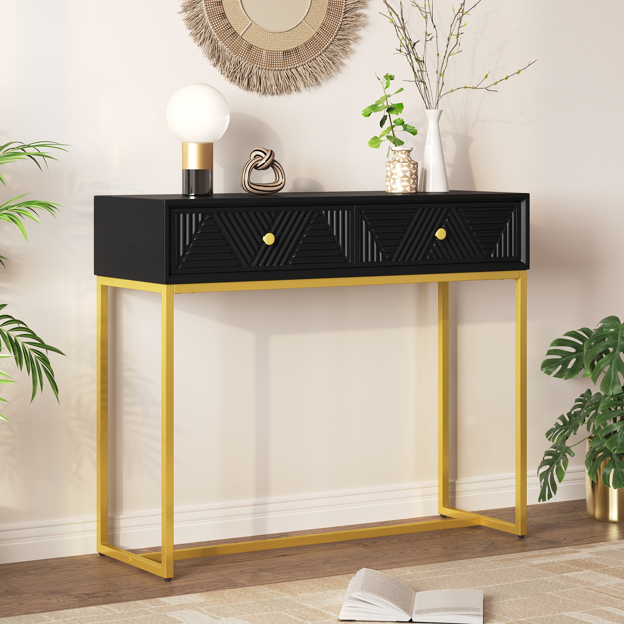 ModernLuxe N715P201976B Console Table Entryway Table Modern Sleek Console Table with Storage Narrow Console Table with Two Drawers with Stripe Design for Living Room Hallway Entryway Black