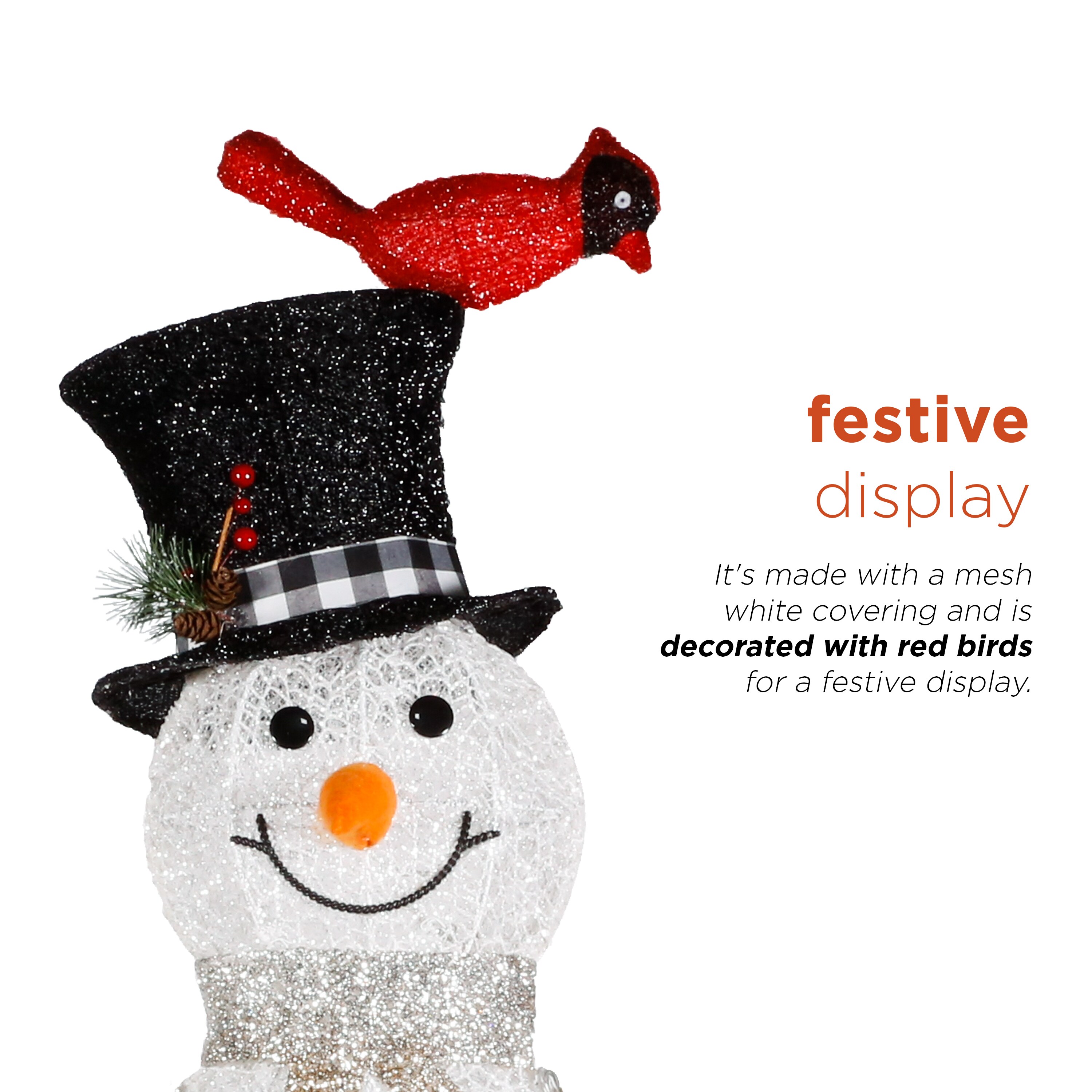 Alpine Corporation 74 in. Tall Mesh Snowman Decor with Red Birds