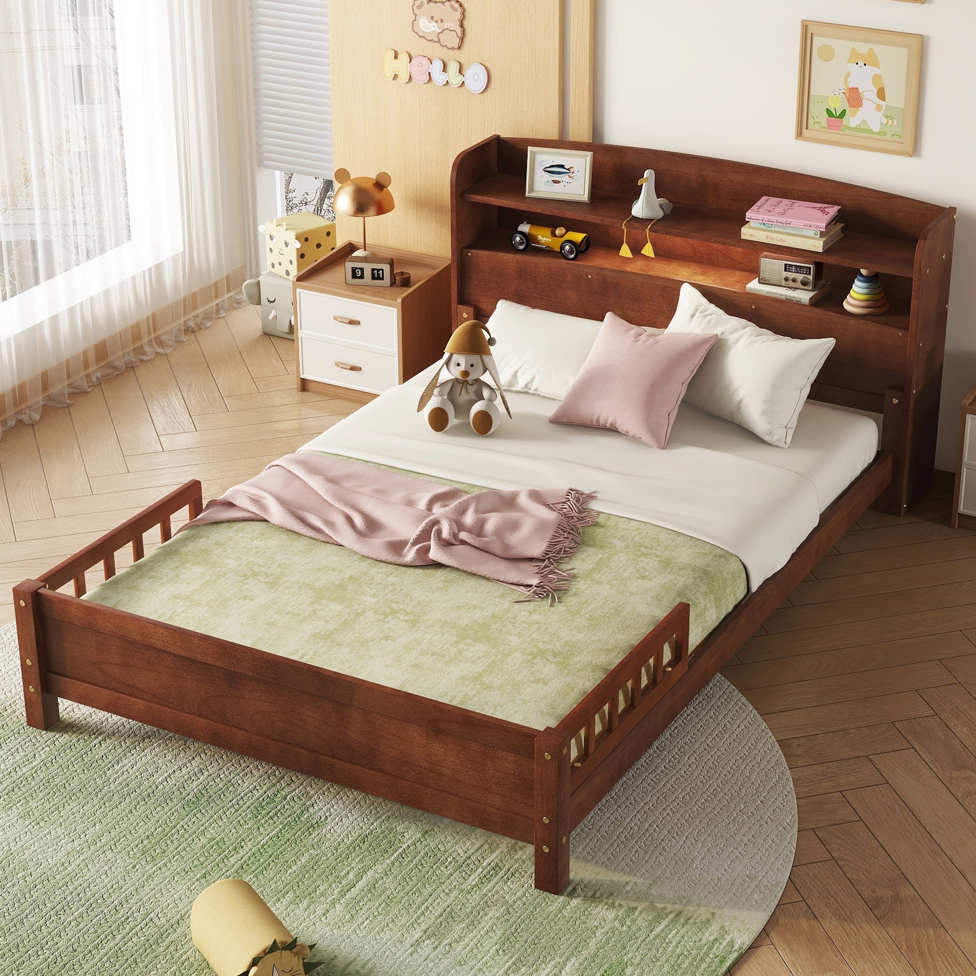 LOVMOR SF-Y-W504P281004 Full Pine Wood Bed with Bookcase Headboard  LED Motion Sensor Light  Bed Guardrails Walnut
