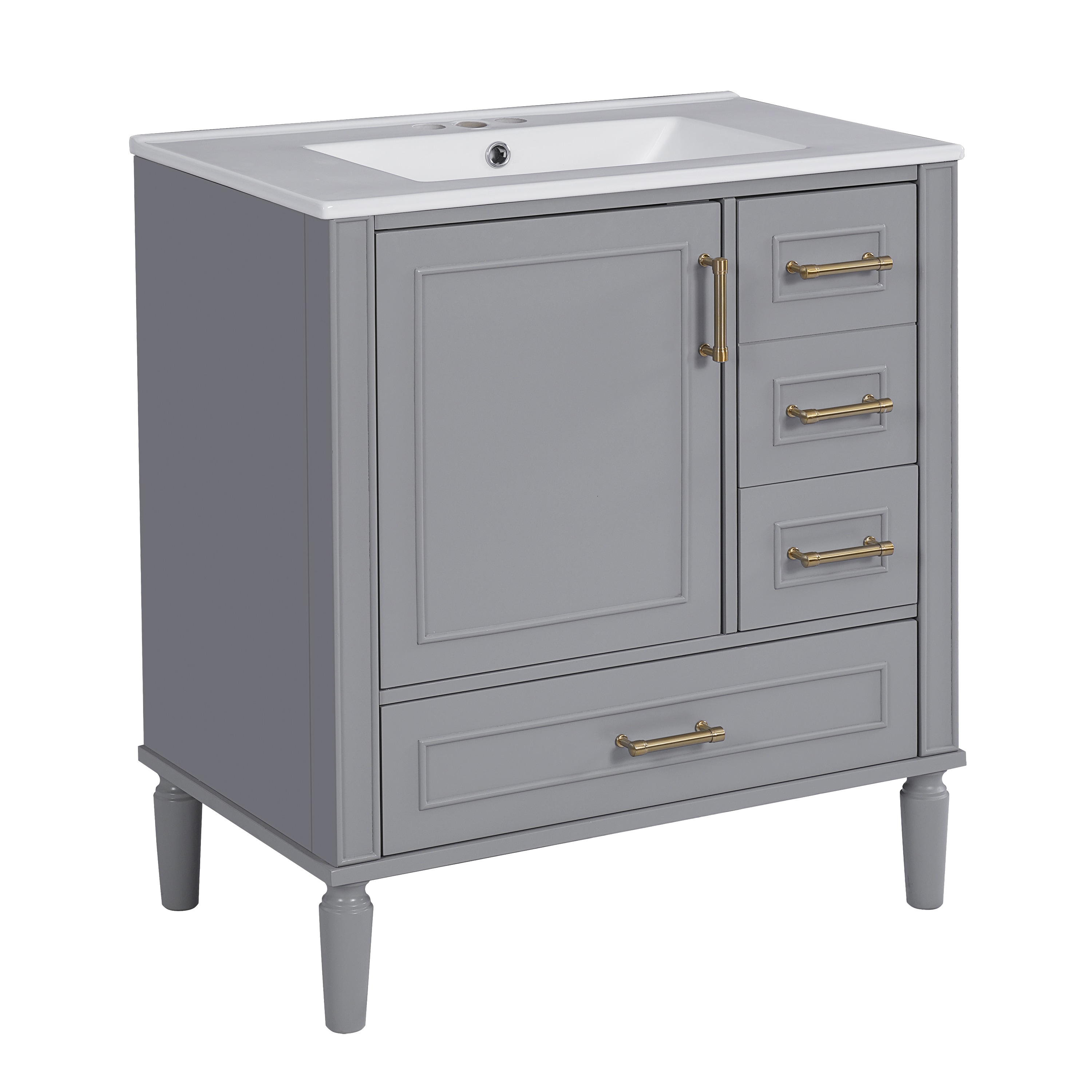 Qualler  30 Inch Bathroom Vanity with Ceramic Sink and Multi-Functional Storage Drawers - Gray