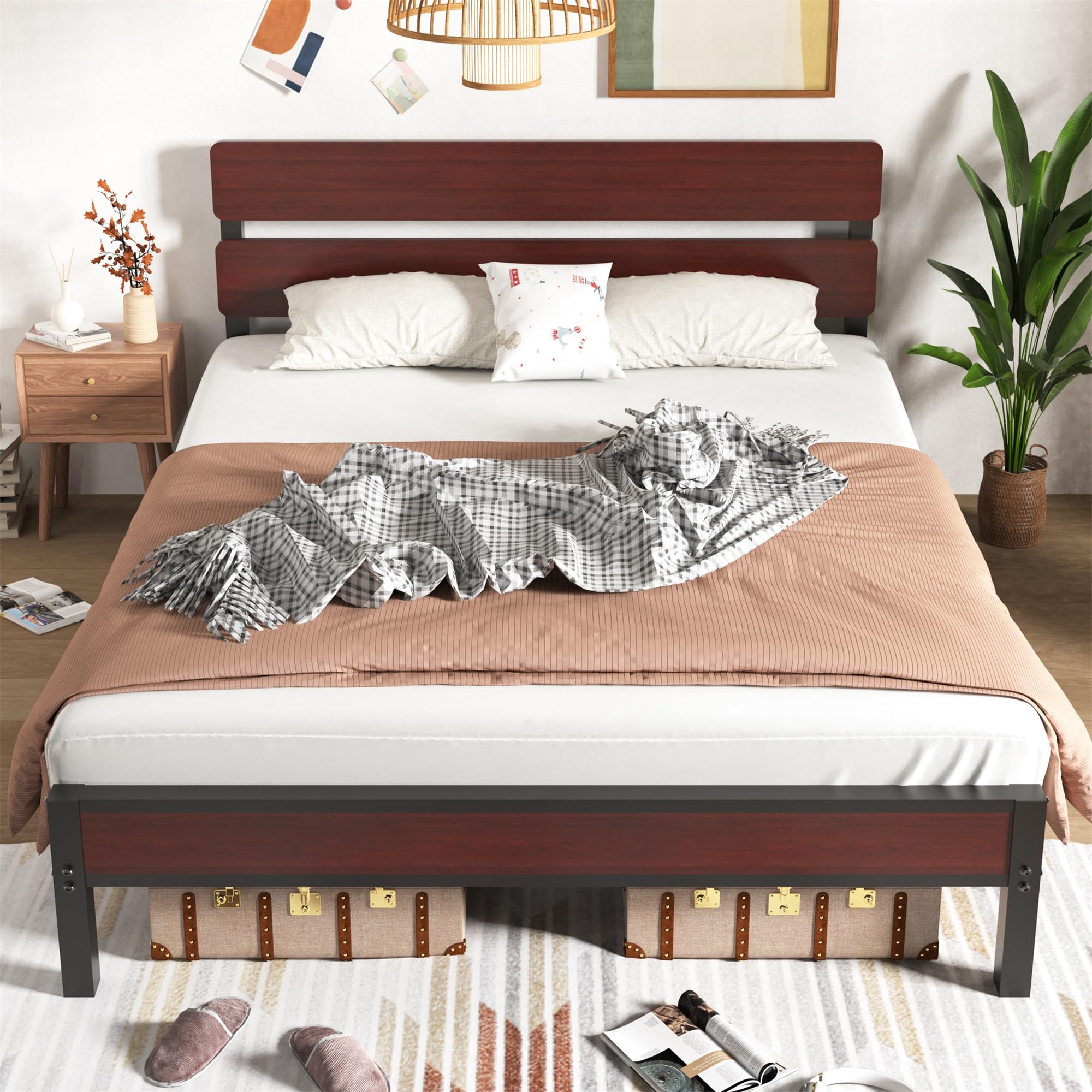 LTMATE LSCHYX-RBT11-HTMK Wine Color King Wood and metal Bed frame Bed with Storage