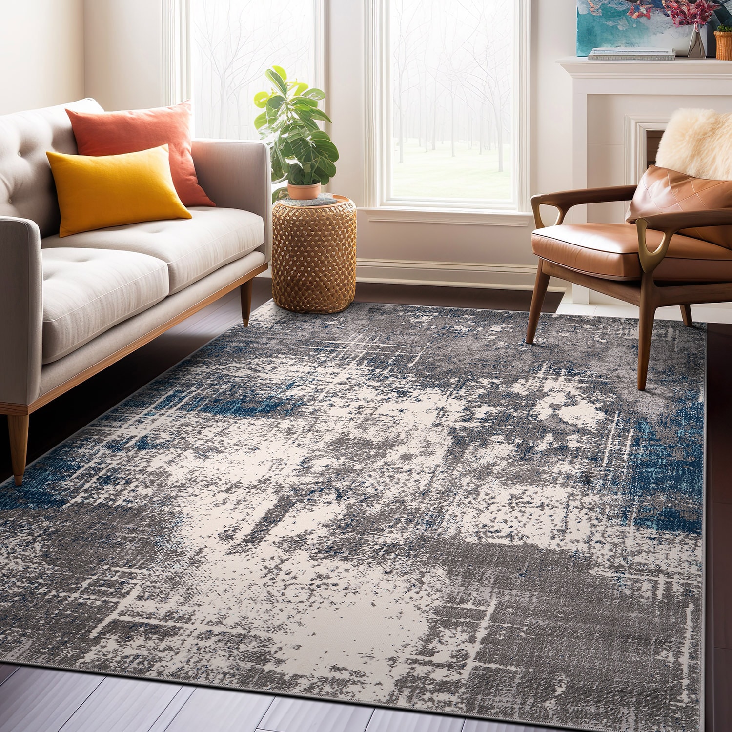World Rug Gallery 4059BLUE5X7 5 x 7 (ft) Loomed Polypropylene Blue Rectangular Indoor Abstract Vintage Area rug