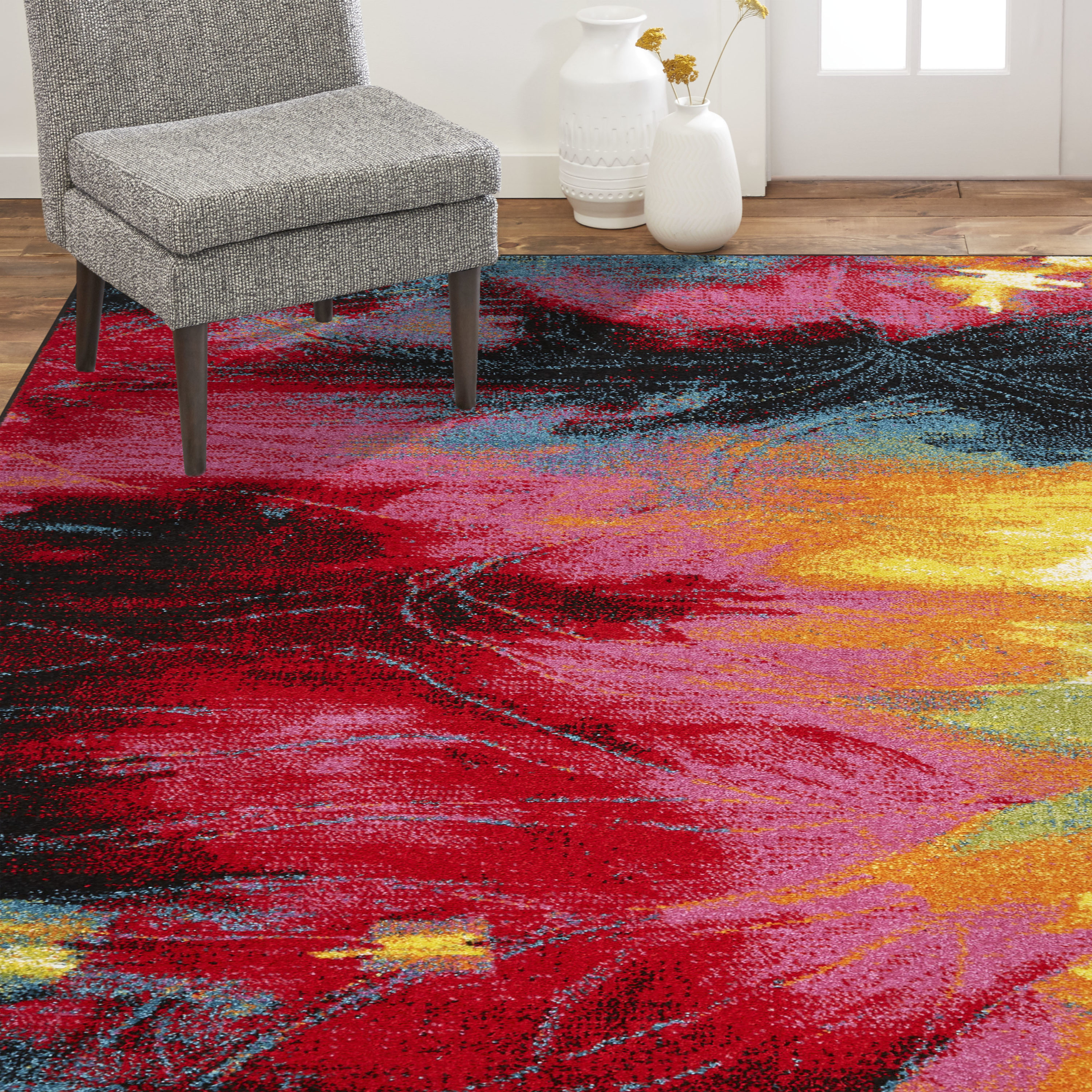 Splash Black and Pink Abstract Washable Kids Rug