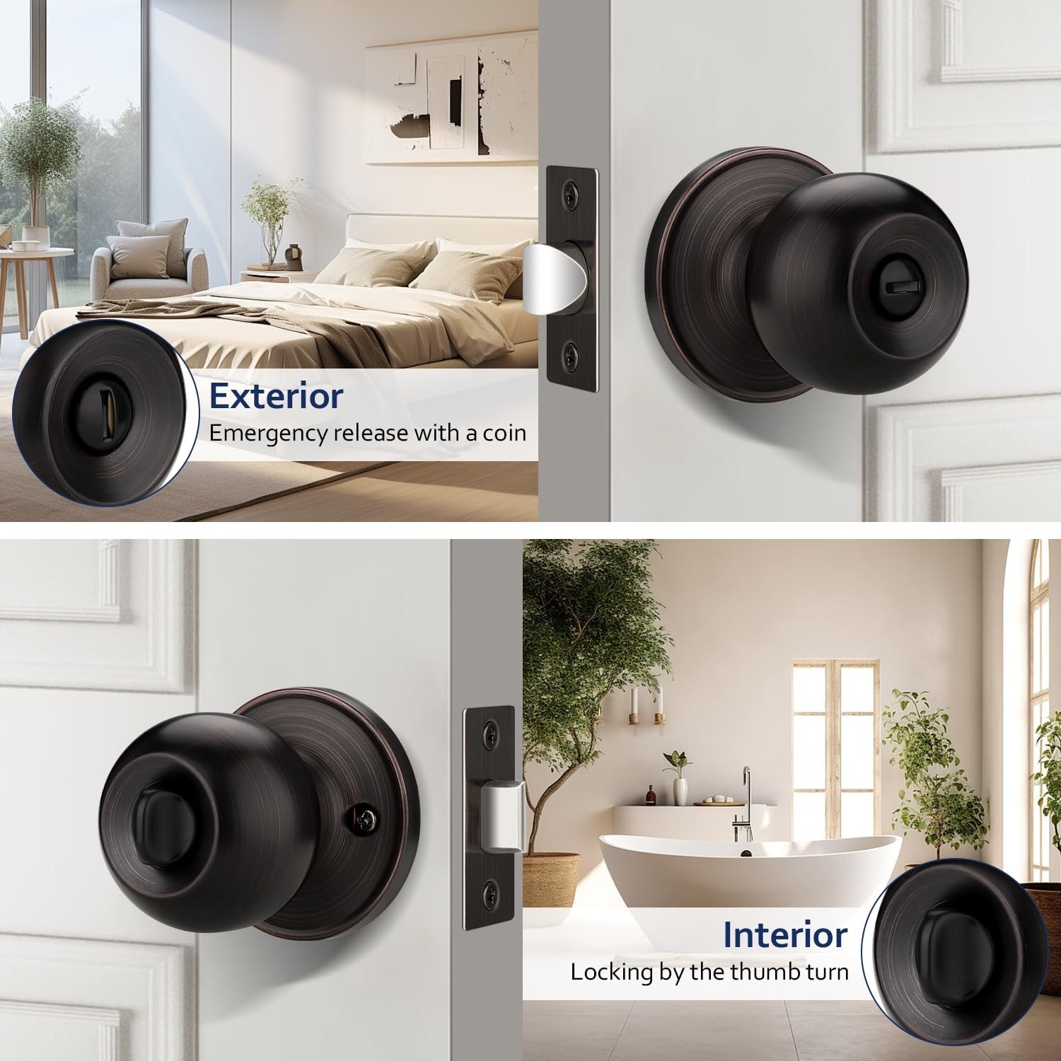 Aoibox  4 Pack Oil Rubbed Bronze Privacy Door Knobs Keyless Reversible Handles for Bedrooms and Bathrooms