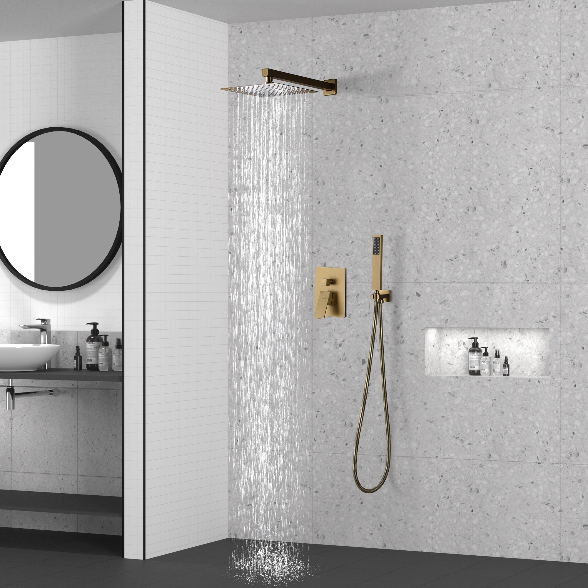 CASAINC Brush Gold Waterfall Built-In Shower Faucet System with 2-way Diverter Pressure-balanced Valve Included