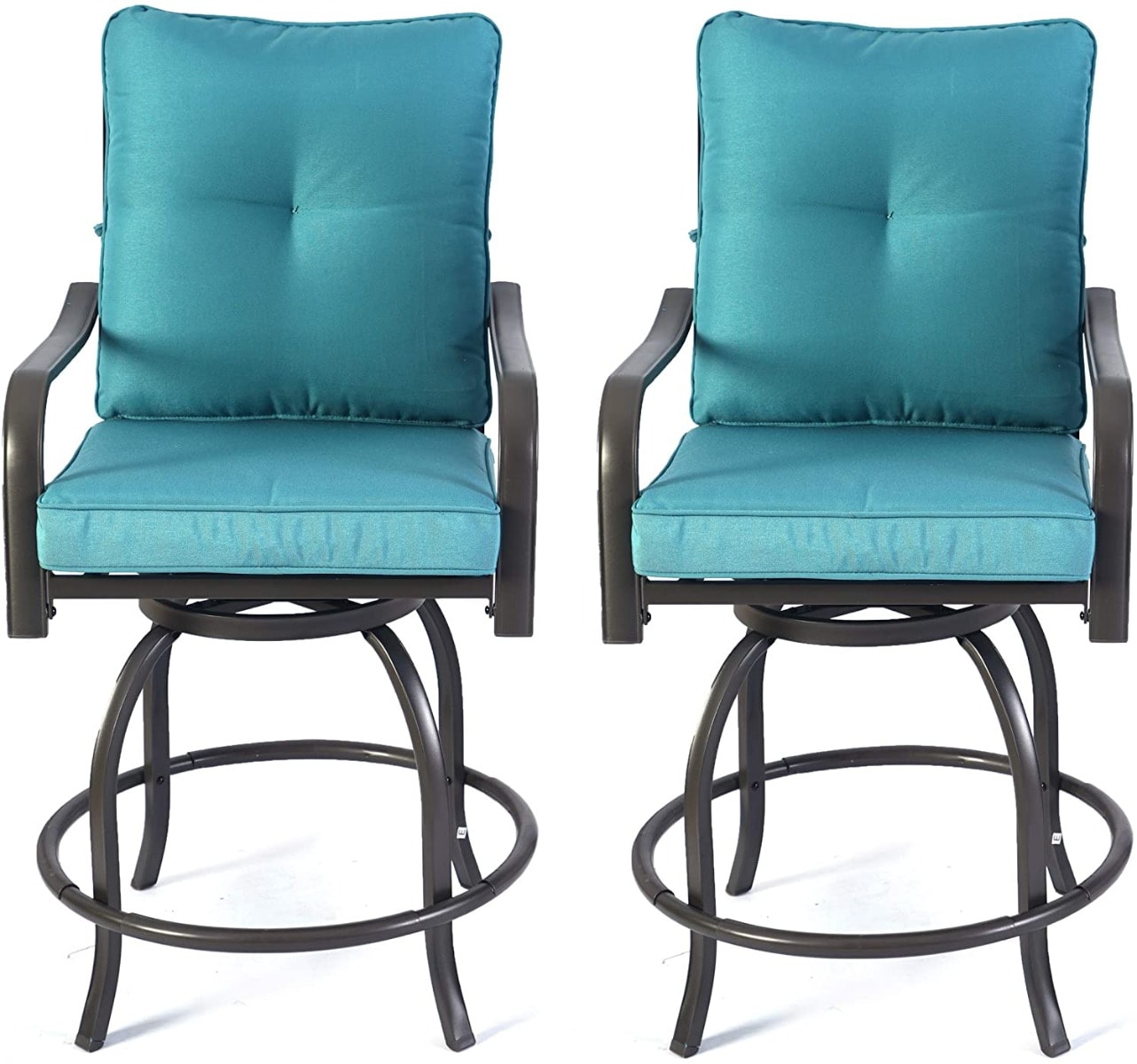 Kozyard KZC216BL Patio chairs Set of 2 Brown/Powder Coated Steel Frame Swivel Bar Stool Chair with Blue Cushioned Seat