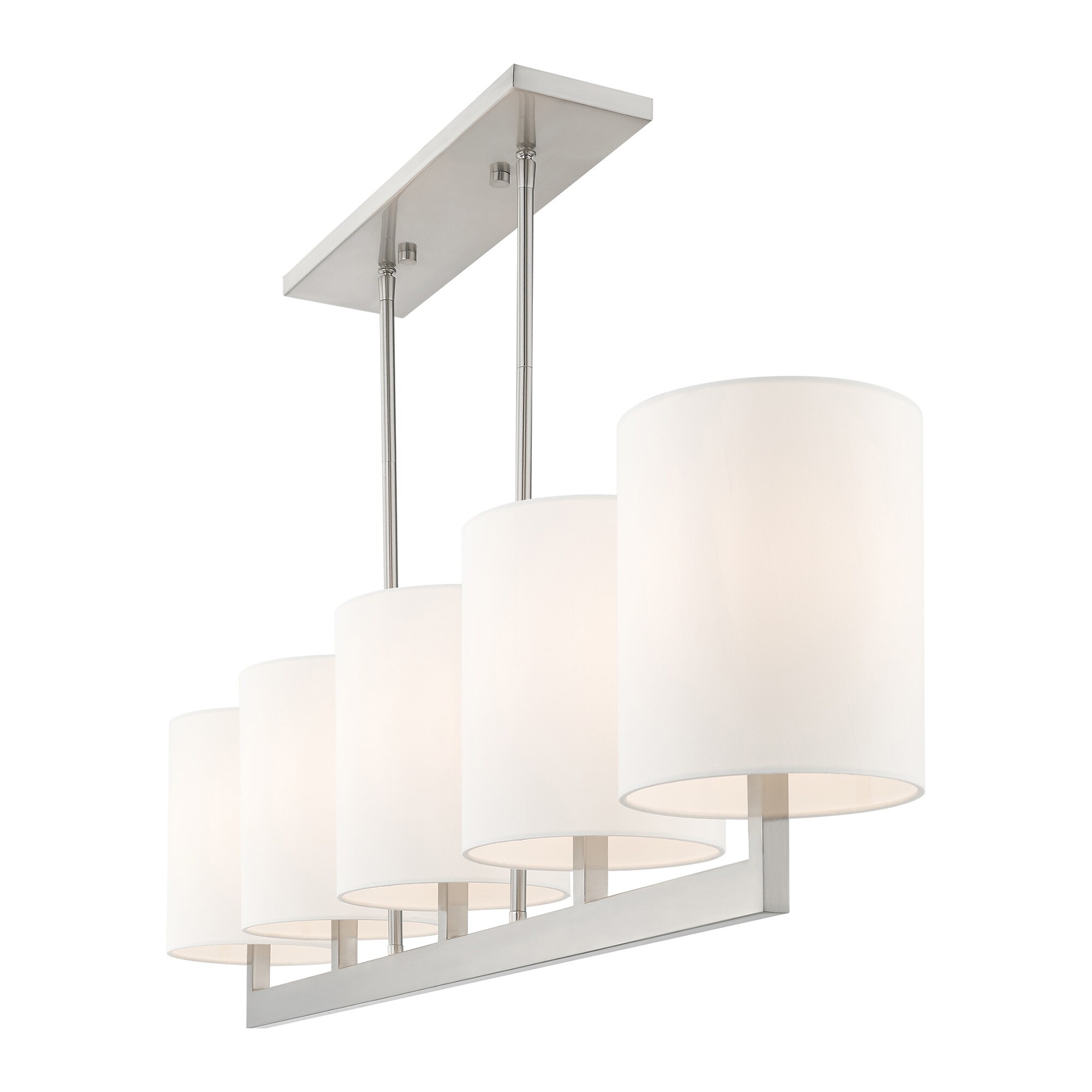 Contemporary Brushed Nickel 5-Light Linear Chandelier with Off-White Shades