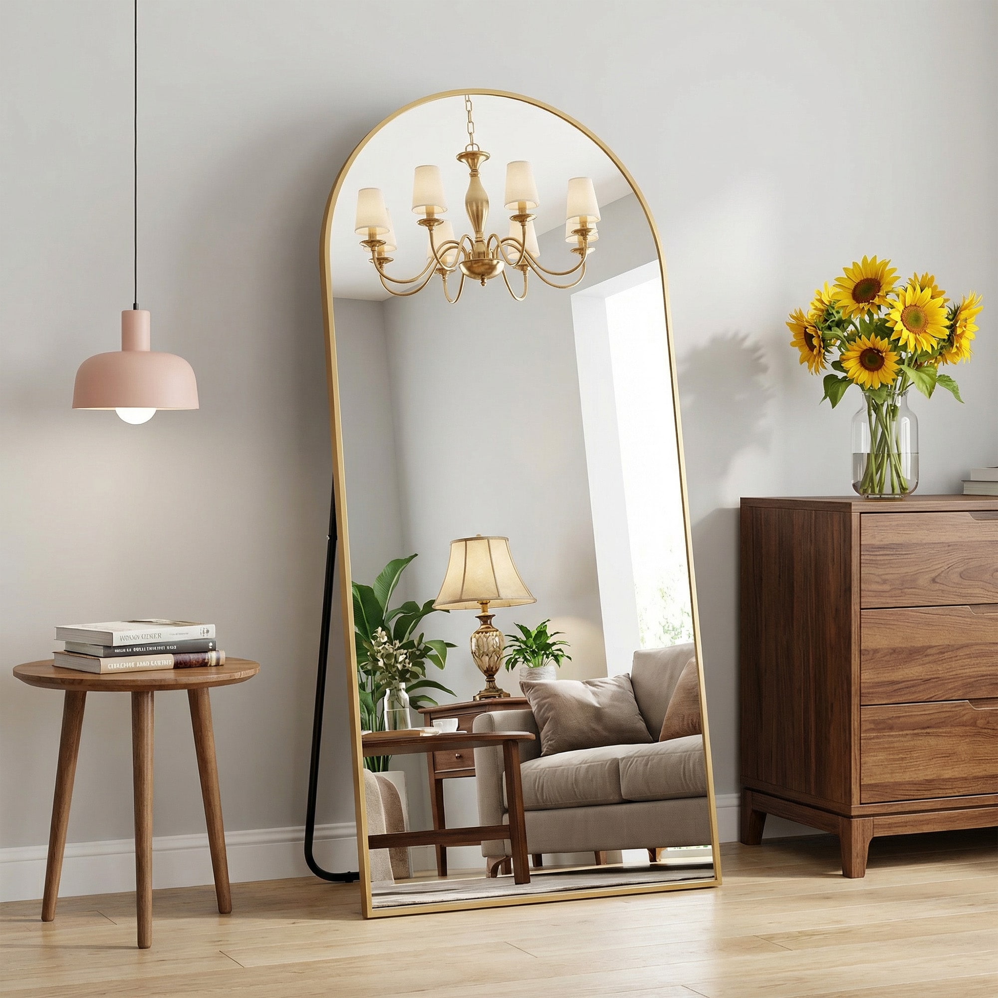 Wooakway Arched Full Length Mirror 71in x 31in Gold Aluminum Alloy Thin Frame Freestanding Full Body Dressing Mirror with Stand