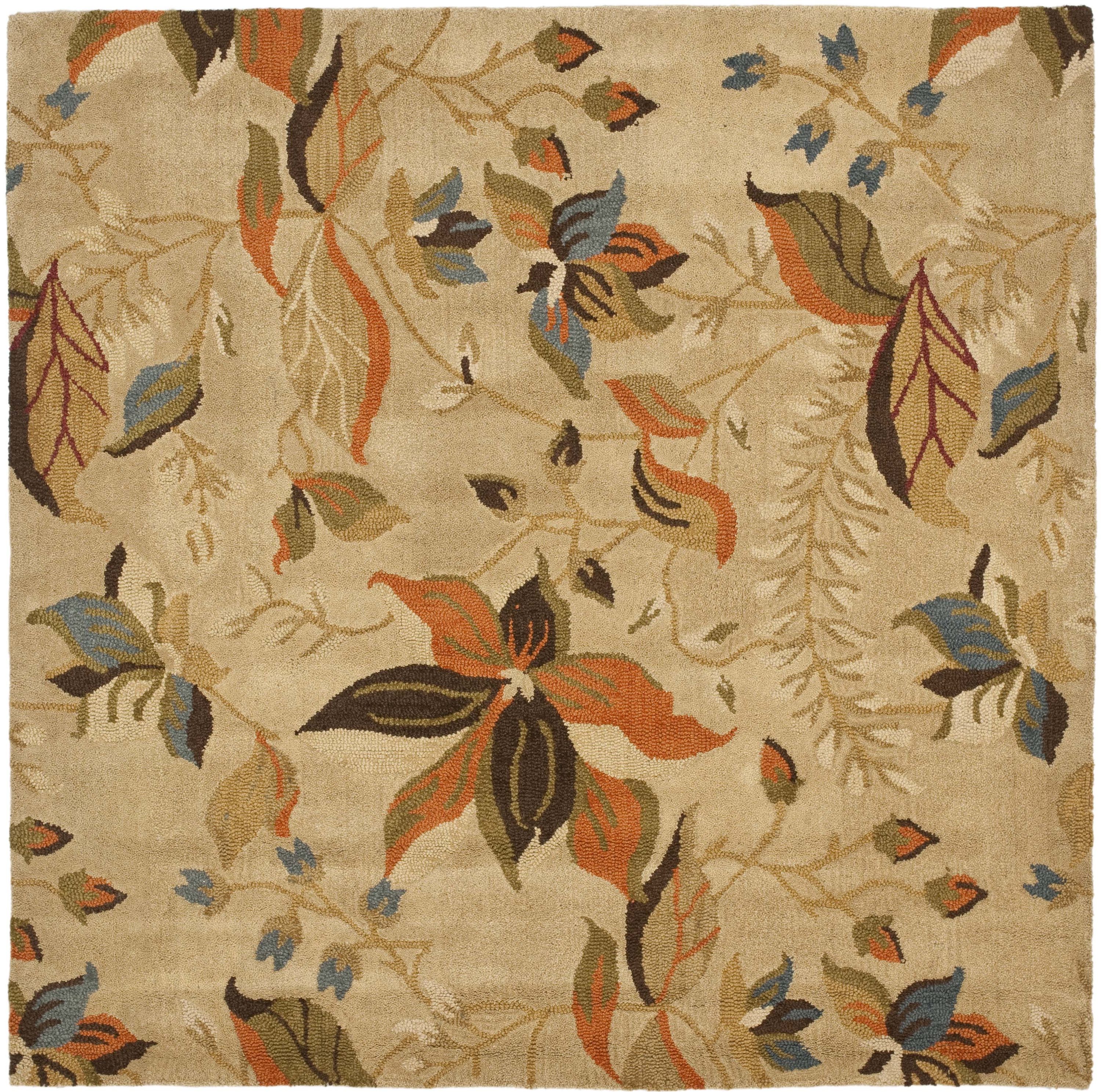 Beige and Multicolor Floral Wool 6' x 6' Square Rug