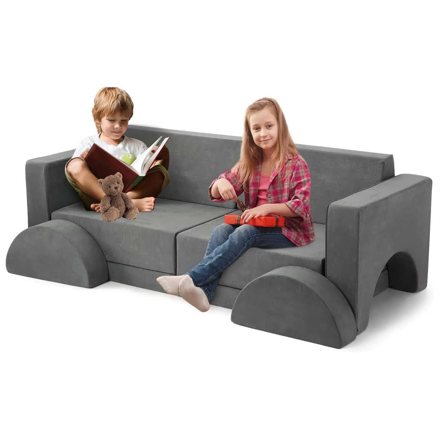 Qeetex CCPHO-0YLPLR8B Modular Kids Play Couch 8PCS Toddler Convertible Sofa Removable Cover Foam Furniture Dark Grey