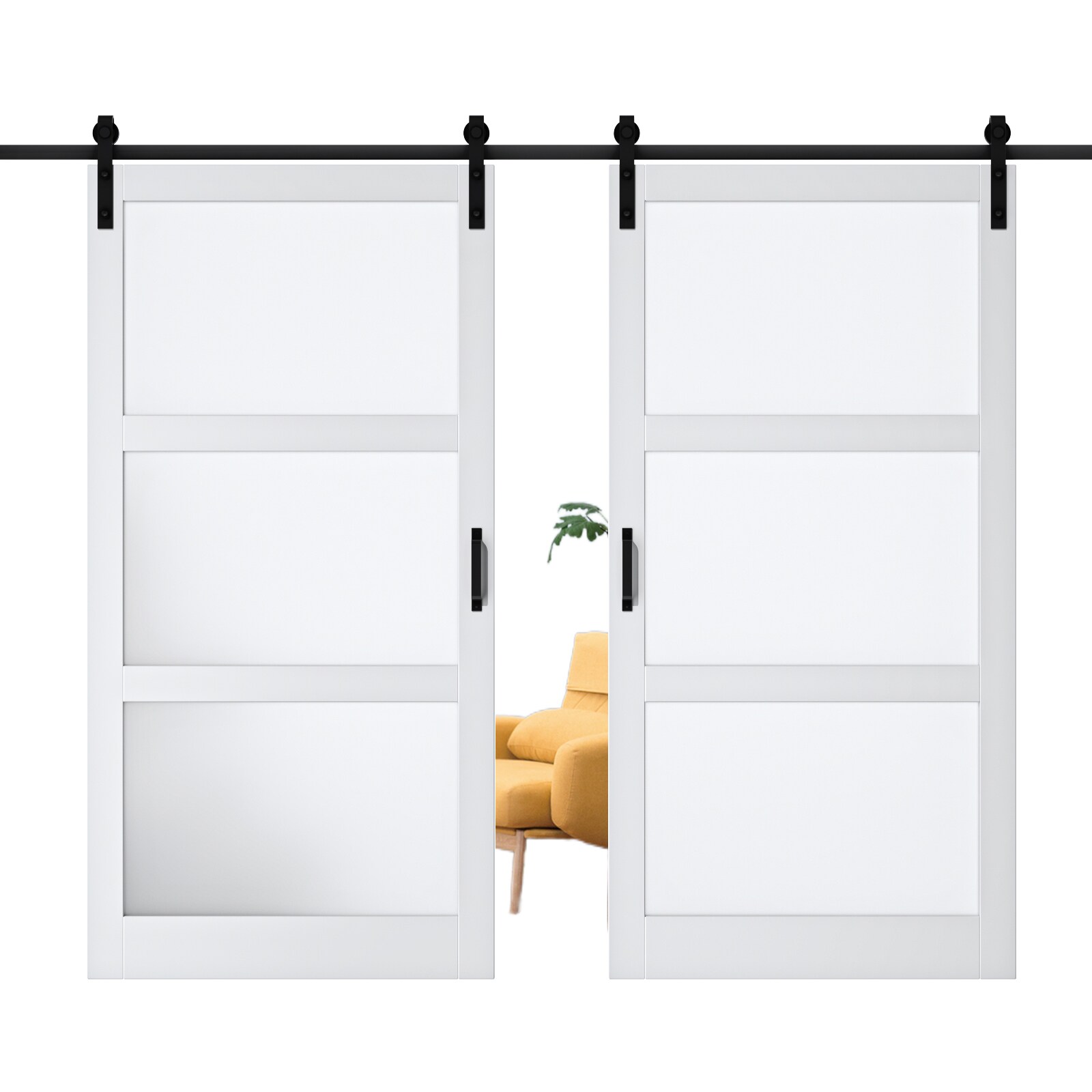 JUJUBON IN-BDBD1-3G-84 84-in x 84-in White Square Frosted glass MDF Solid core Double Barn Door (Hardware Included)