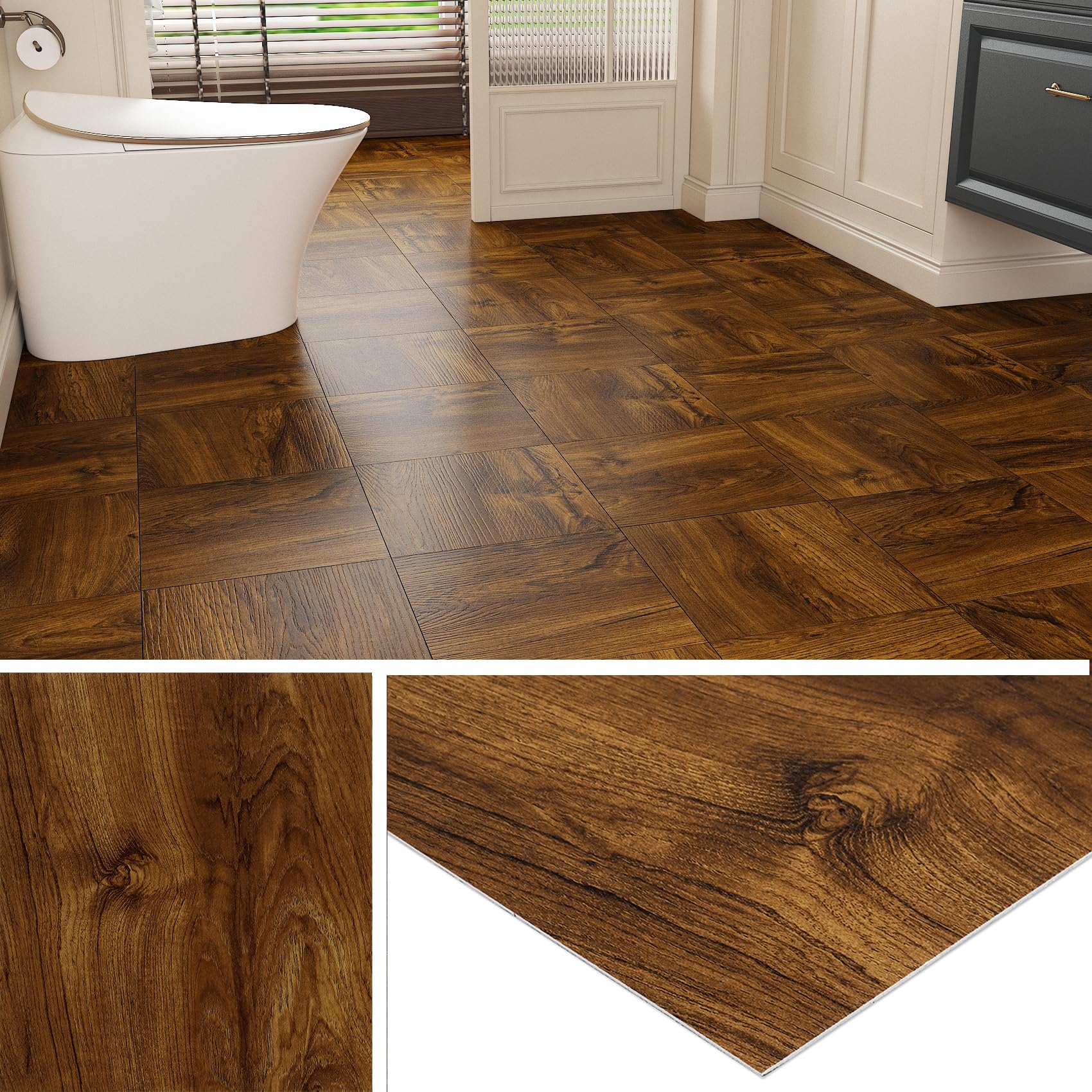 KIWDZFU Vinyl Flooring Brown Wood Peel and Stick Floor Tile Waterproof Floor Tiles for Bathroom Attic Kitchen RV 12x12 Sticky Laminate Vinyl #LKI0821A1288