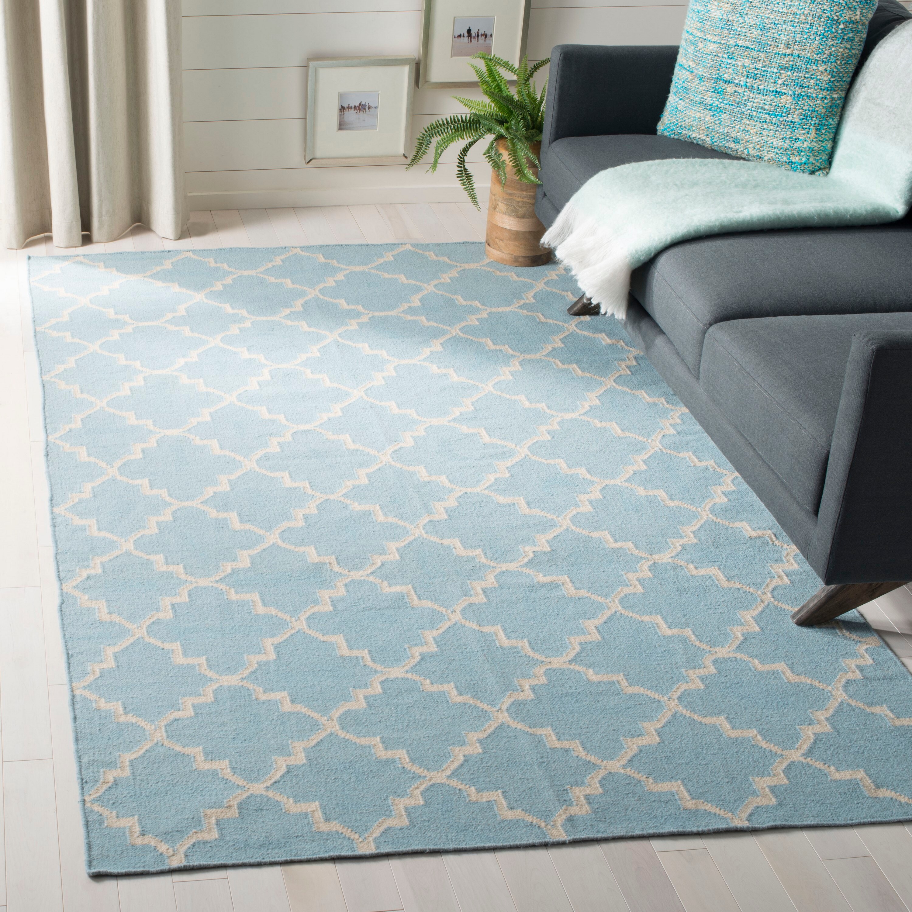 Safavieh DHU554B-9 Dhurries Malina 9 x 12 (ft) Wool Light Blue/Ivory Rectangular Indoor Trellis Coastal Area rug