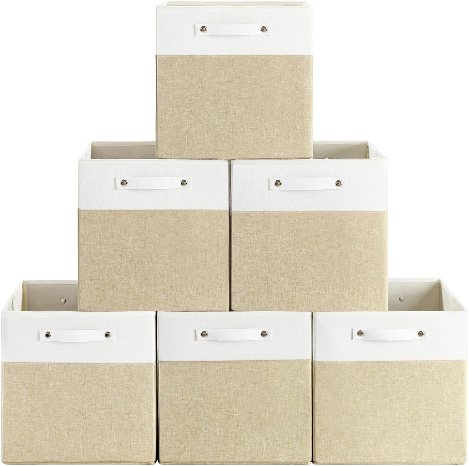 Misopily 6 Pack 13 x 13 Inch Linen Fabric Storage Bins Collapsible Cube Basket Organizer with Handles for Shelves Closet Drawers White Khaki