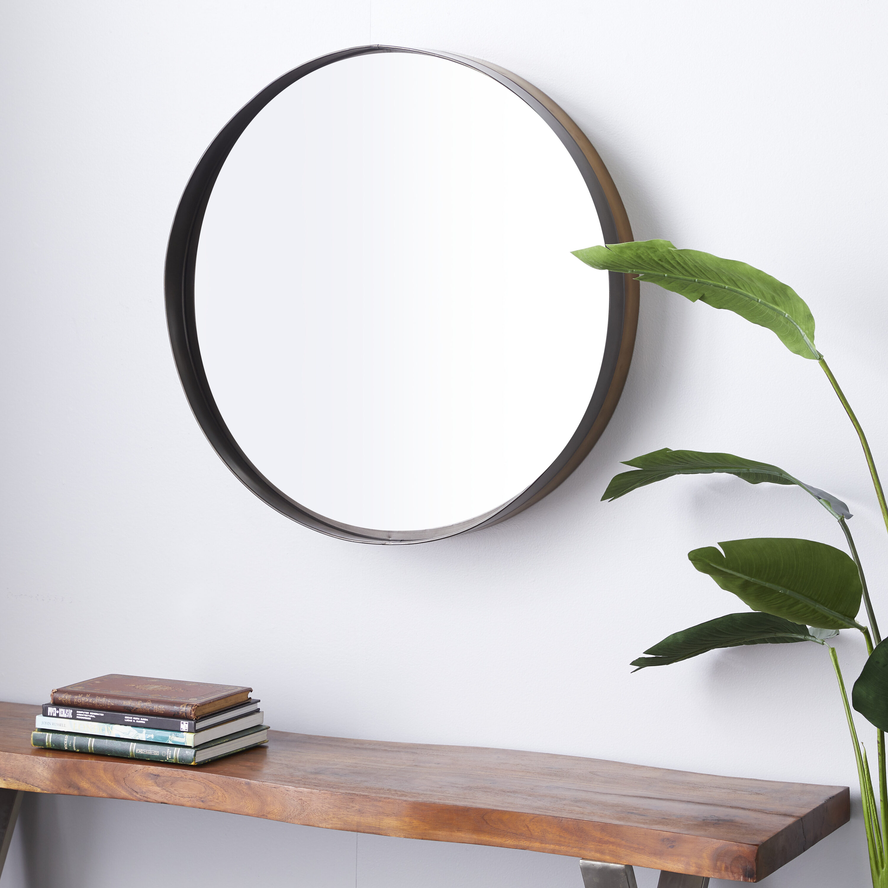 Elegant 32" Round Brown and Black Metal Framed Wall Mirror