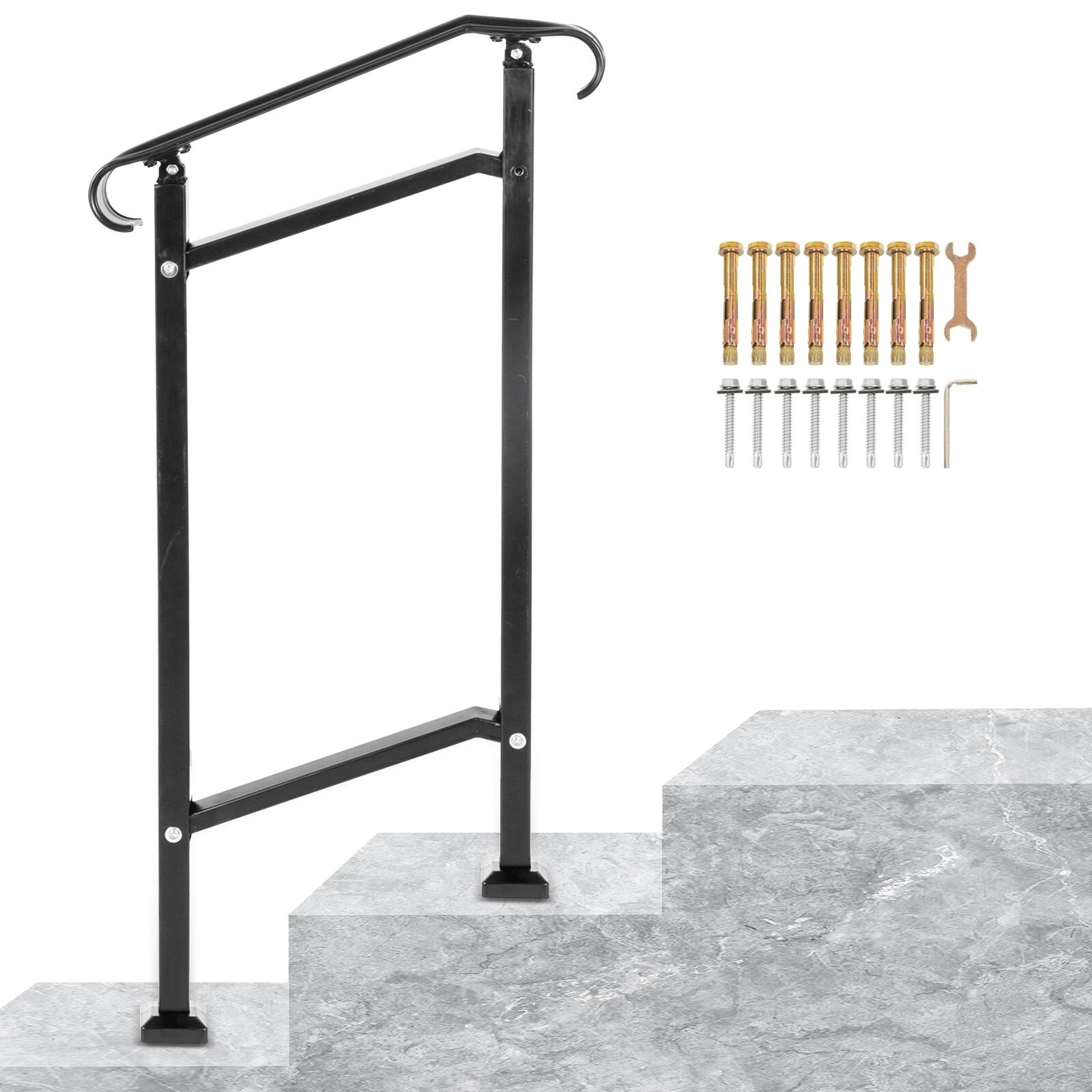 Angel Sar 37.8in H Adjustable 1-2 Step Black Wrought Iron Handrail Front Porch Outdoor Stair Railing
