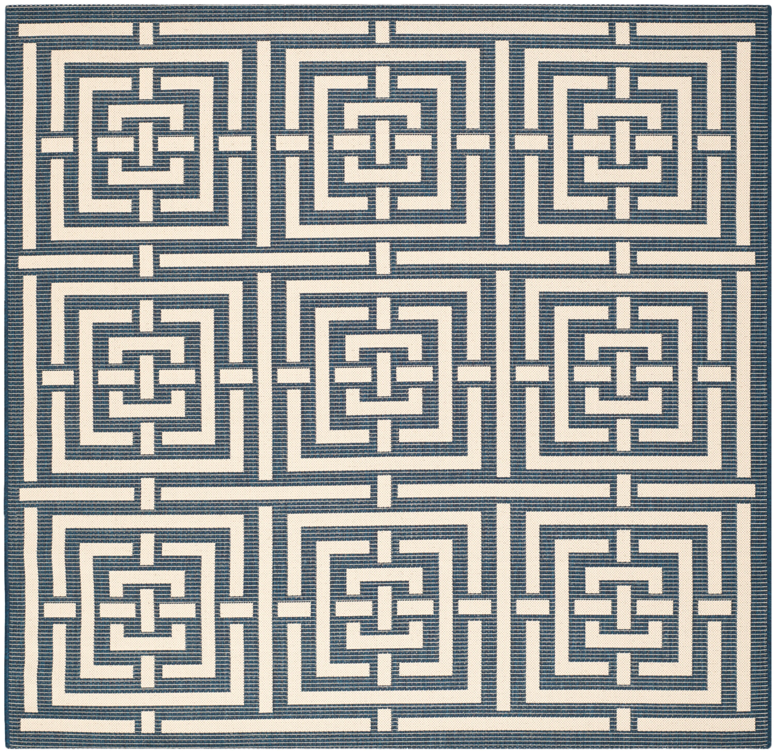 Navy and Beige Geometric Square Indoor/Outdoor Rug