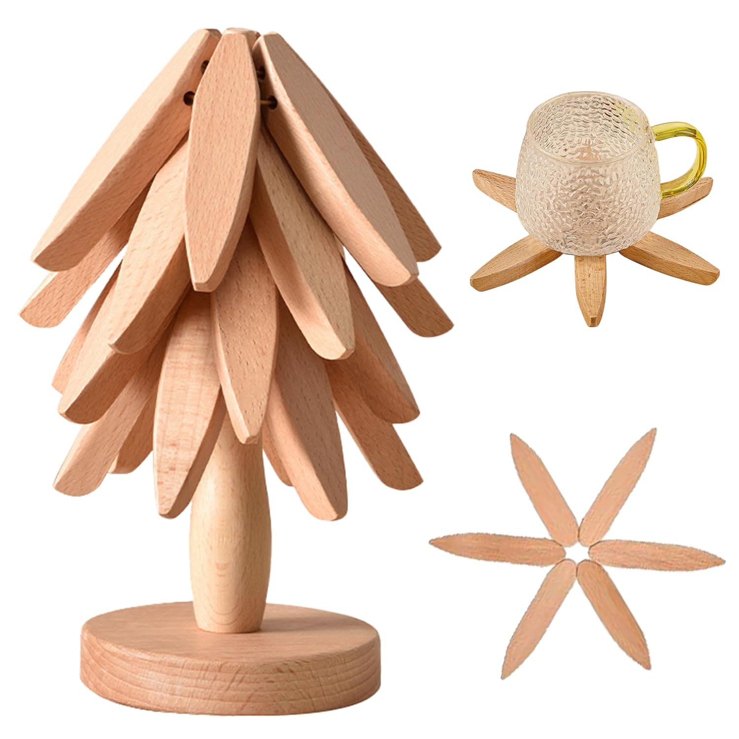 Wudkey Yellow Beech Wooden Trivet Set with 4 Trivets and 1 Stand Foldable Tree Design for Hot Pots Bowls Teapots