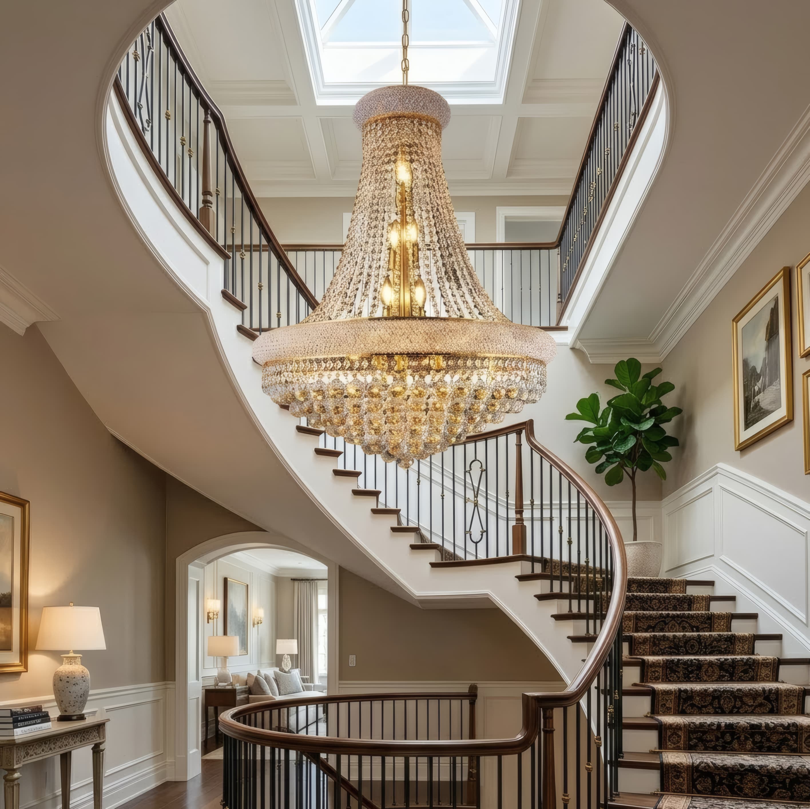 RCCFBHM 28-in Gold Crystal Chandelier 15 Light French Empire Style Luxury Prismatic Glass Pendant Lamp with 3000K LED Bulbs Included