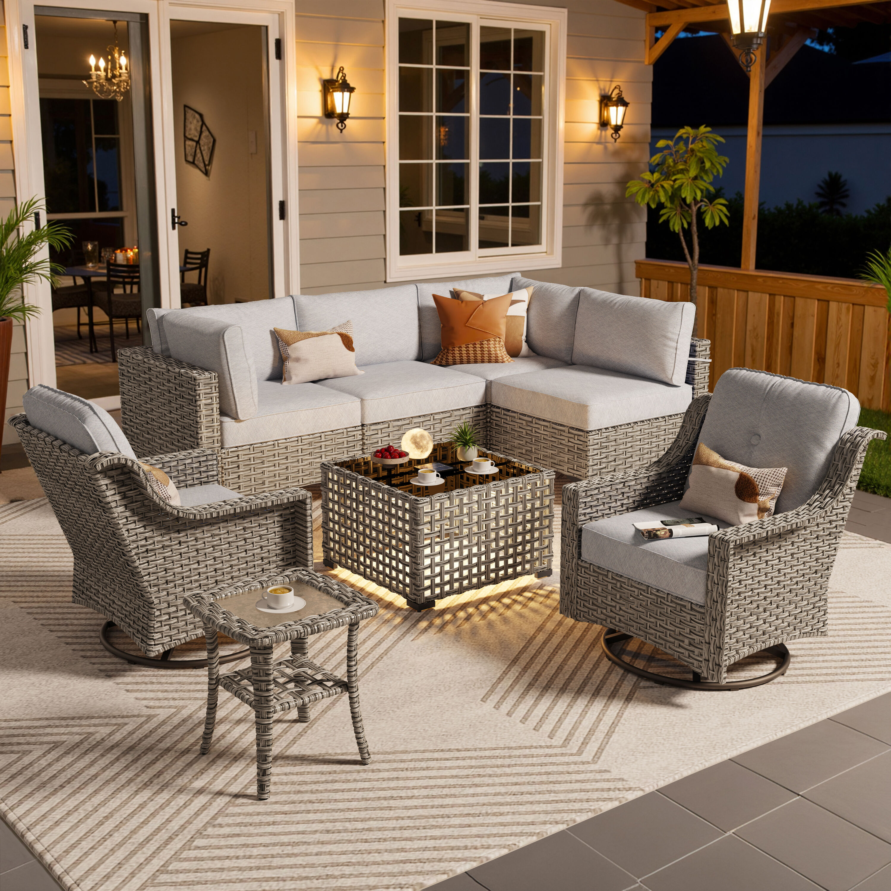 Ovios SK408YP 8 -Piece Wicker Patio Conversation Set with Light Gray Cushions