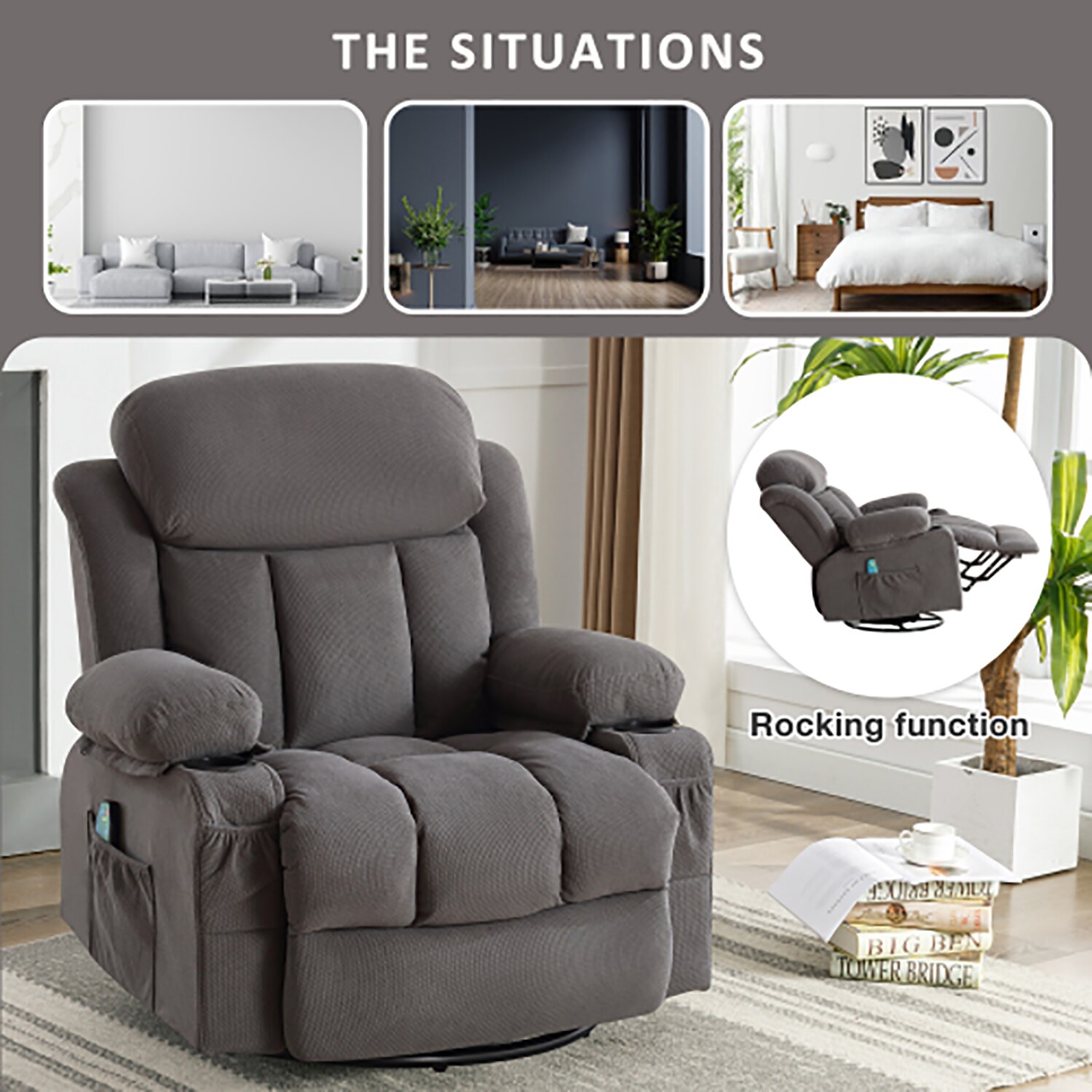 Sumyeg Recliner chair Gray Velvet Upholstered Swivel Massage Chair in ...