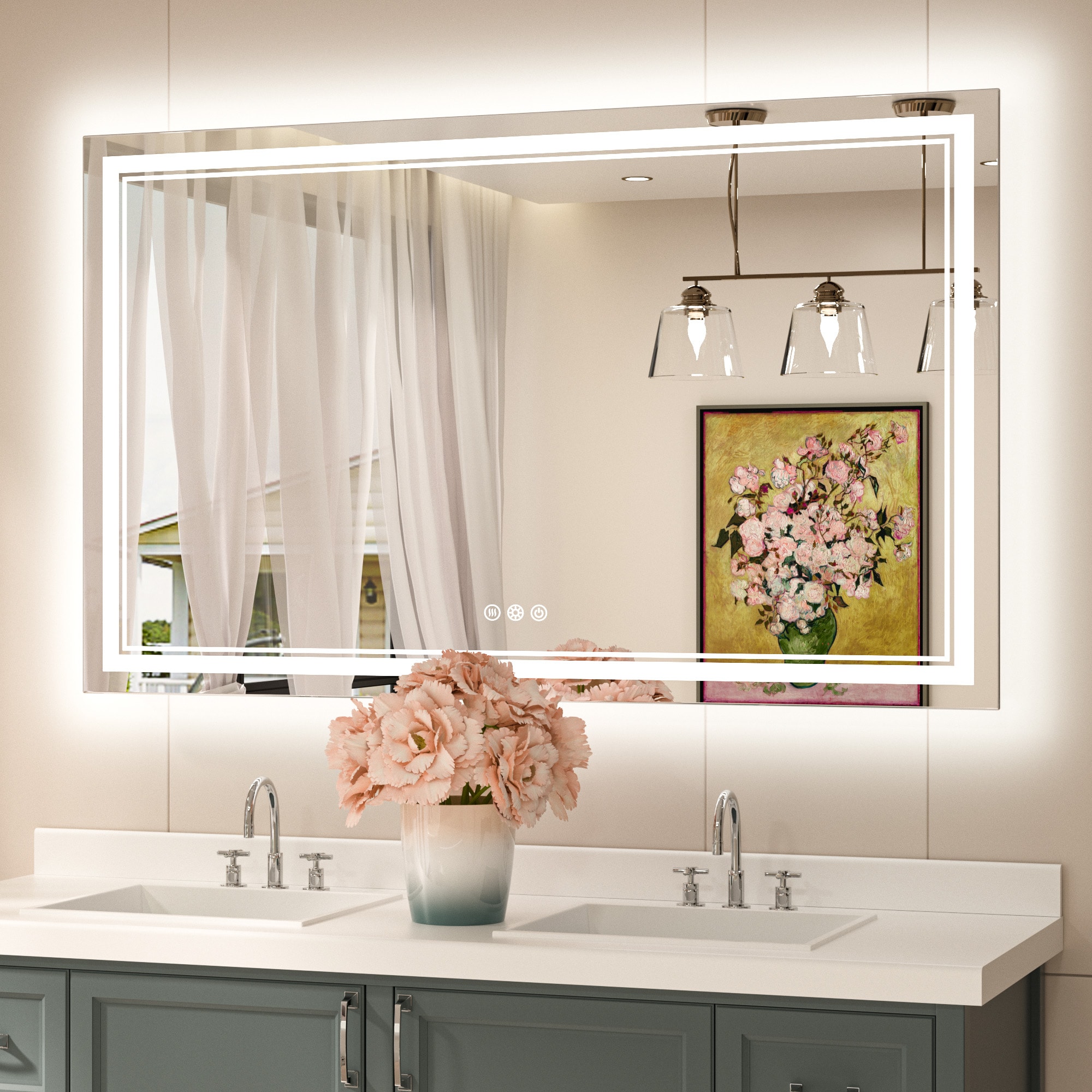 Keonjinn LW-JZ-ZBGSSW-12176 Bathroom Mirrors 48-in x 30-in Polished Frameless Rectangle Dimmable LED Lighted Fog Free Bathroom Vanity Mirror ( Silver )