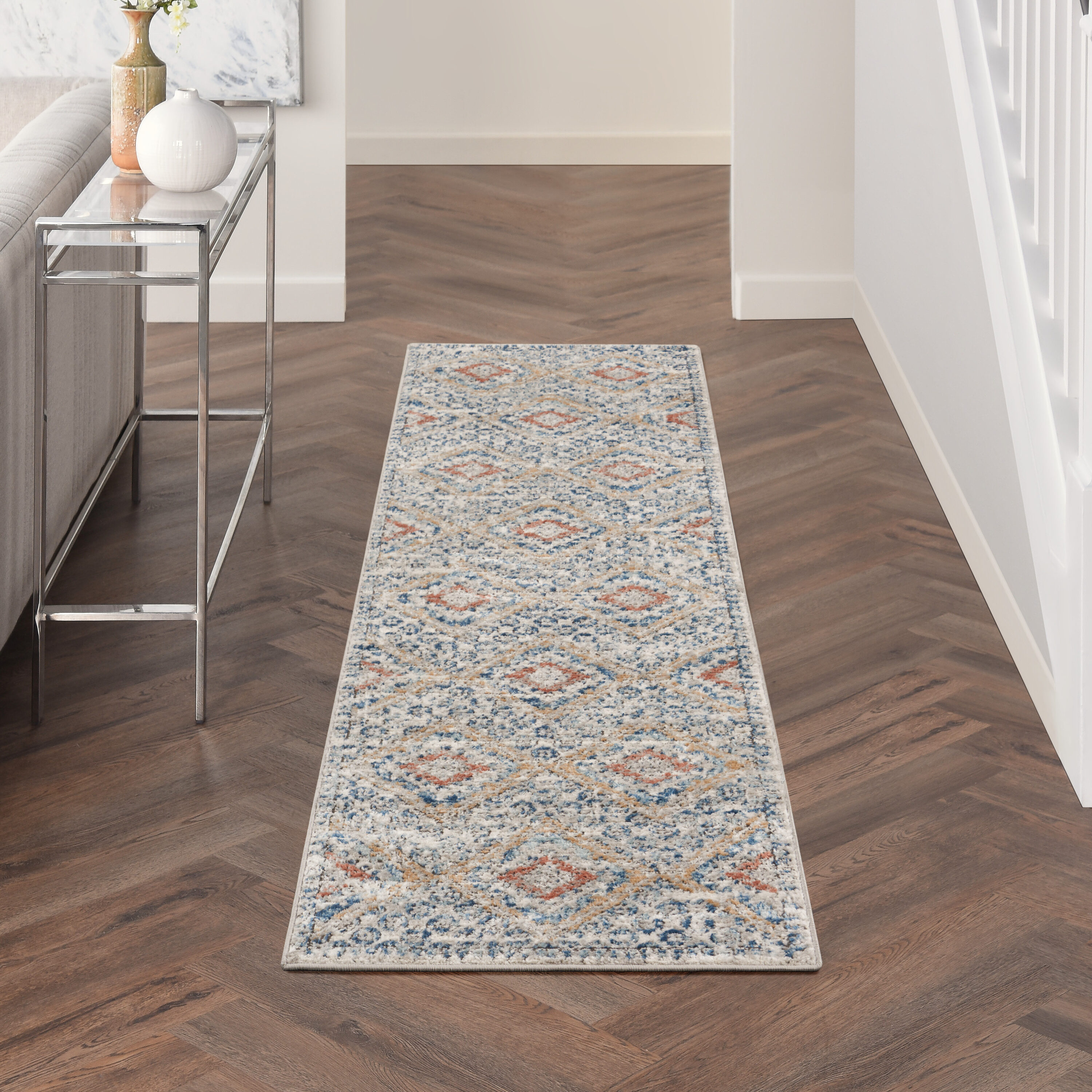 Nourison 099446826480 Concerto 2 x 8 (ft) Loomed Polypropylene Grey/Ivory/Blue Rectangular Indoor Tribal Runner rug