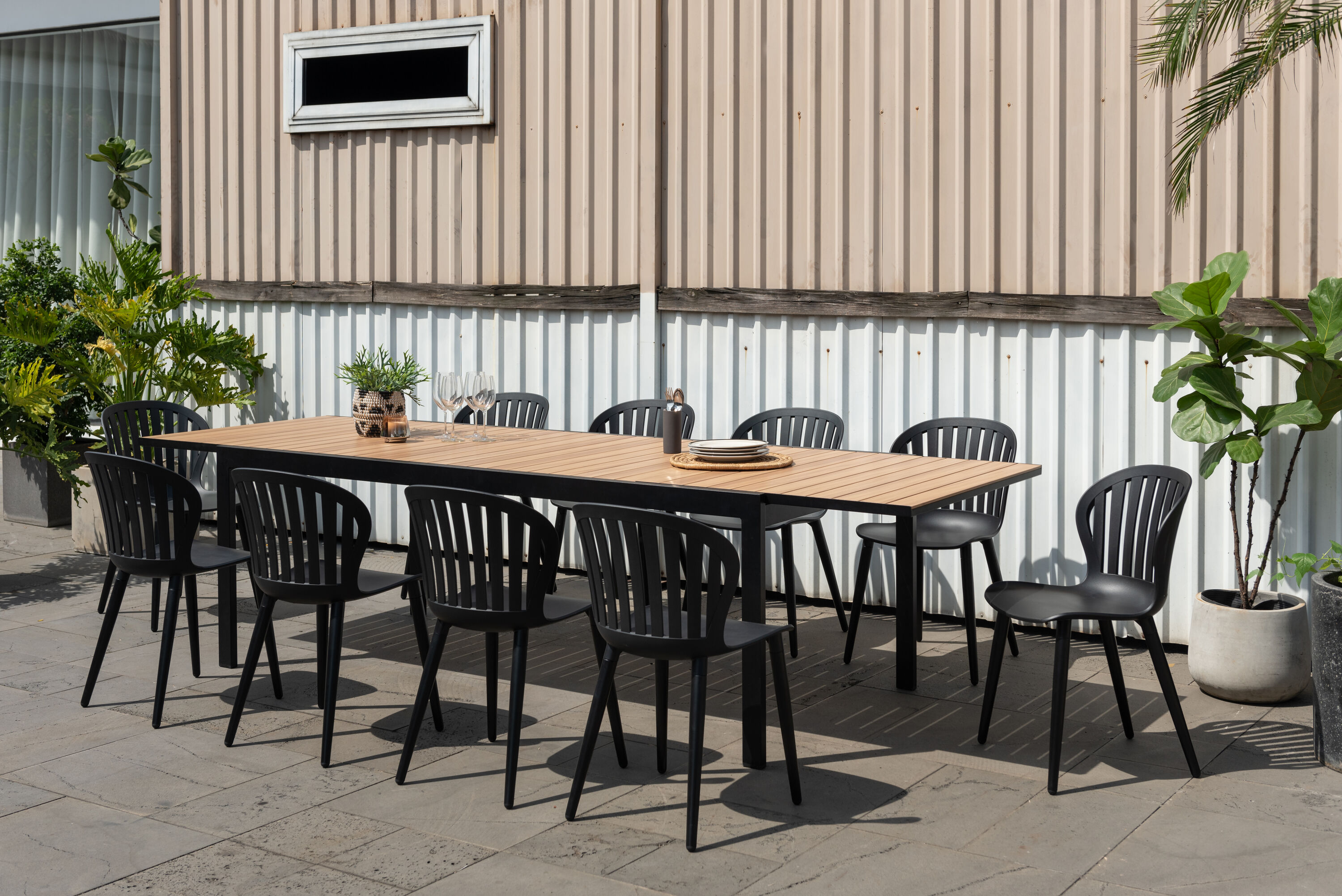 Amazonia PAN10CANNSDBK 11 -Piece Wood Patio Dining Set Extendable Table Wood Rectangle Table with 10 Stackable Stationary and Motion Chairs
