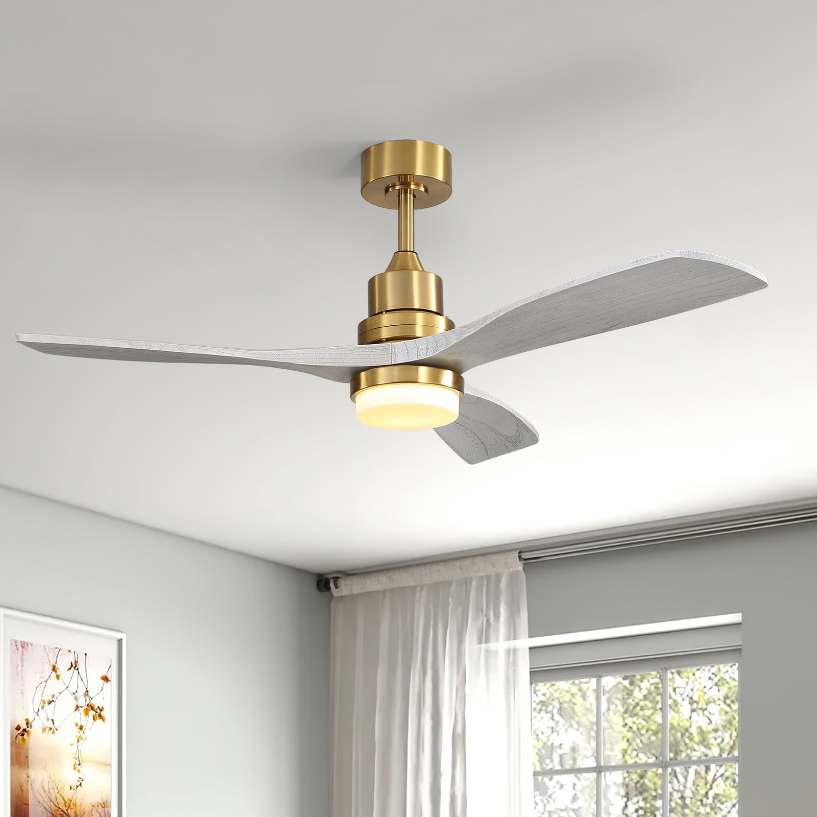 Sofucor LS-5247-BG-SX-60-W 52-in Color-Changing Integrated LED Gold with wood Blades Ceiling Fan With Light and Remote ( 3 -Blade )